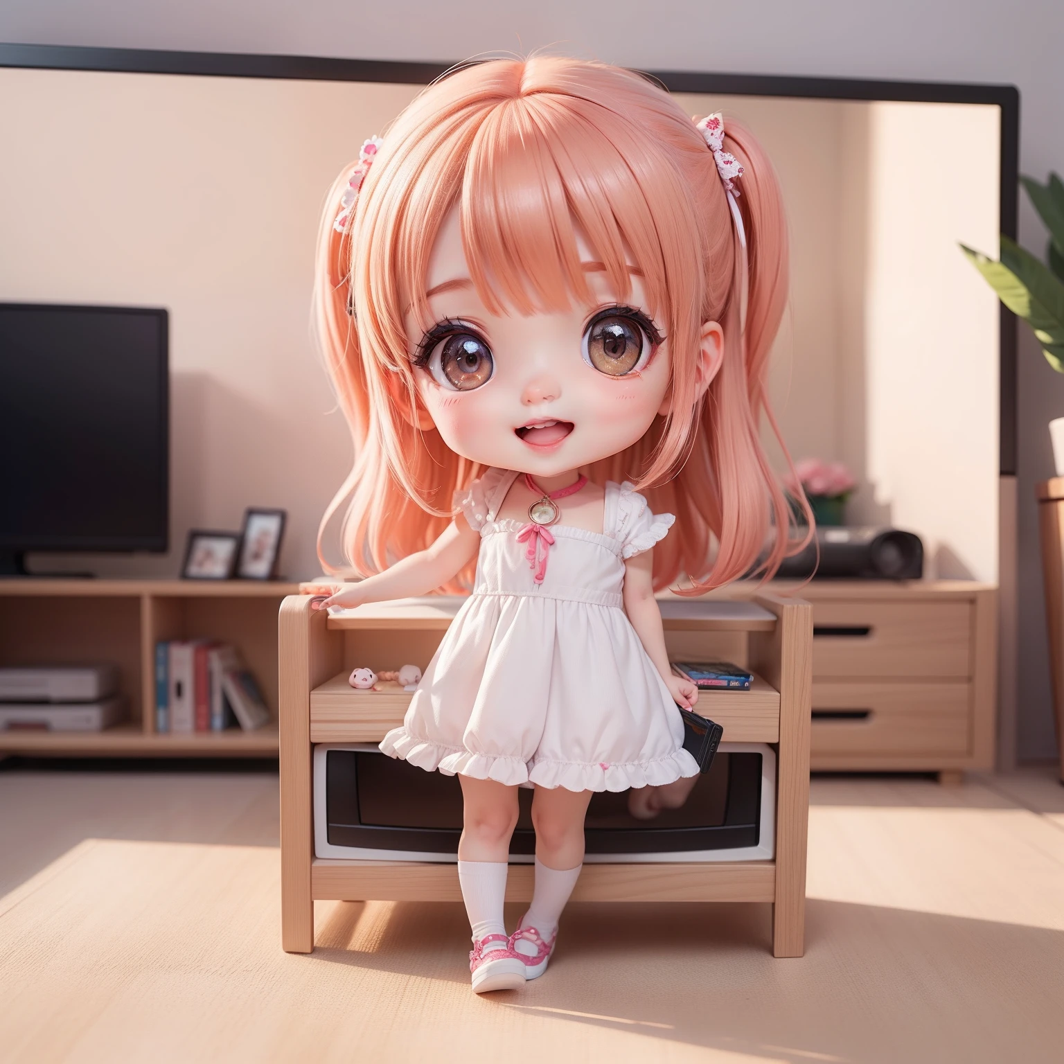 Cute Baby Chibi Anime,(((Super masterpiece、top-quality、ultra-detailliert、女の子1人、Chibi:1.5))、Chibi Living、DVR、TV screen、A detailed face、Smile with open mouth、a small face、fullllbody、(Chibi:1.4)、8k