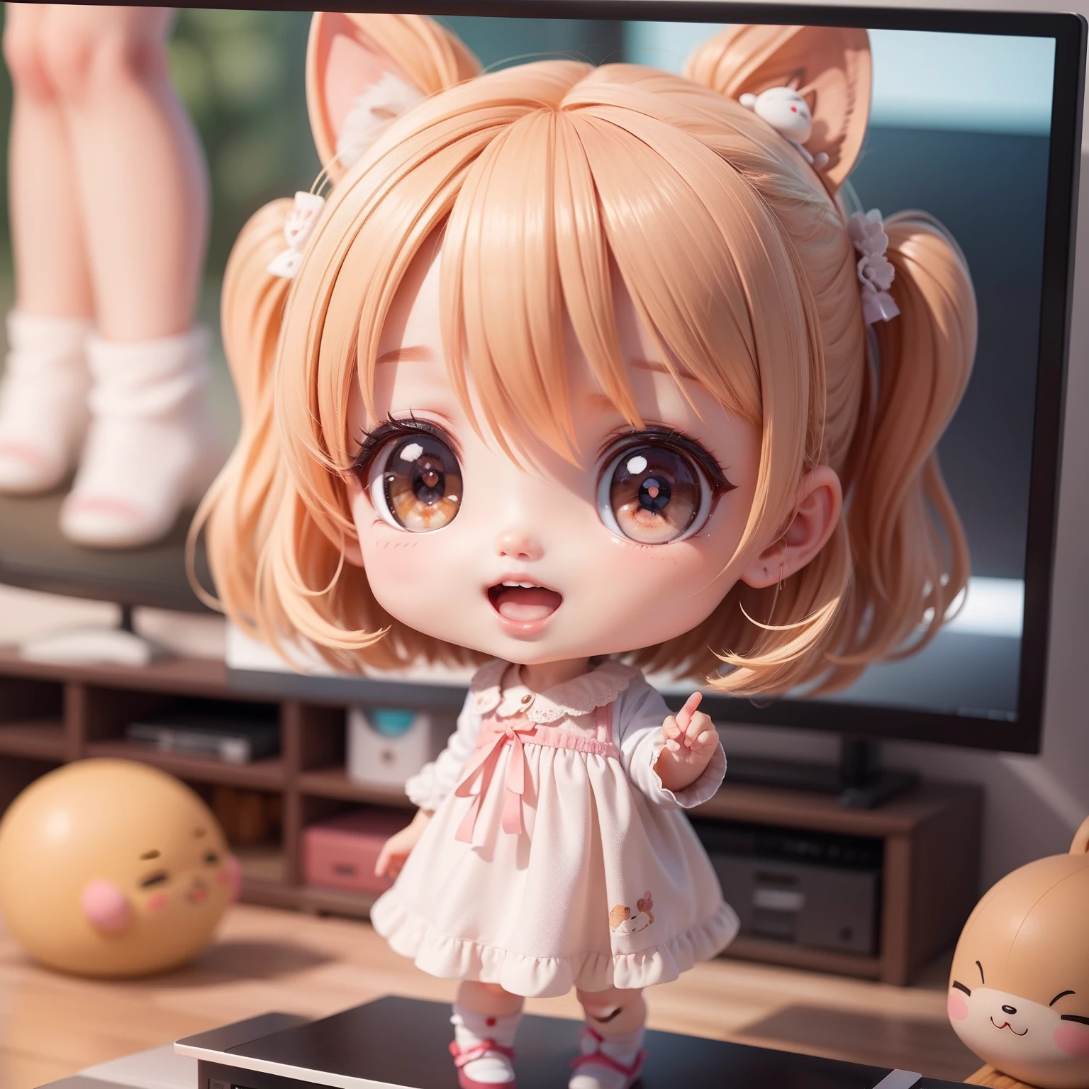 Cute  Chibi Anime,（（（Super masterpiece、top-quality、ultra-detailliert、女の子1人、Chibi：1.5））、Chibi Living、DVR、TV screen、A detailed face、Smile with open mouth、a small face、fullllbody、（Chibi：1.4）、8ｋ