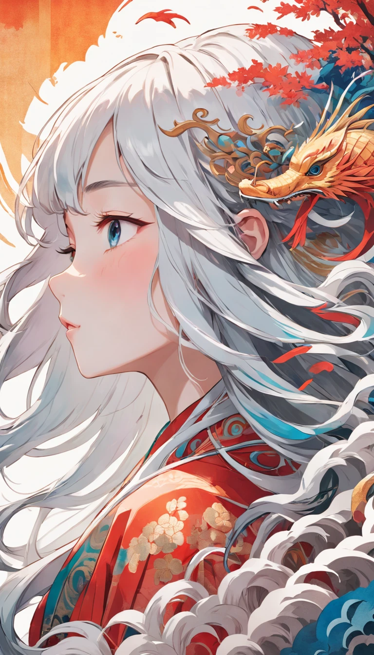 (White background:1.4),(Silhouette of a girl's head, Eyes closed, colorfull long hair, Oriental elements),(Chinese illustration:1.3,paper art:1.3, Quilted paper art:1.2),( reasonable design, Clear lines, High sharpness,Best quality, Very detailed, Masterpiece, movie light effect, 4K )
