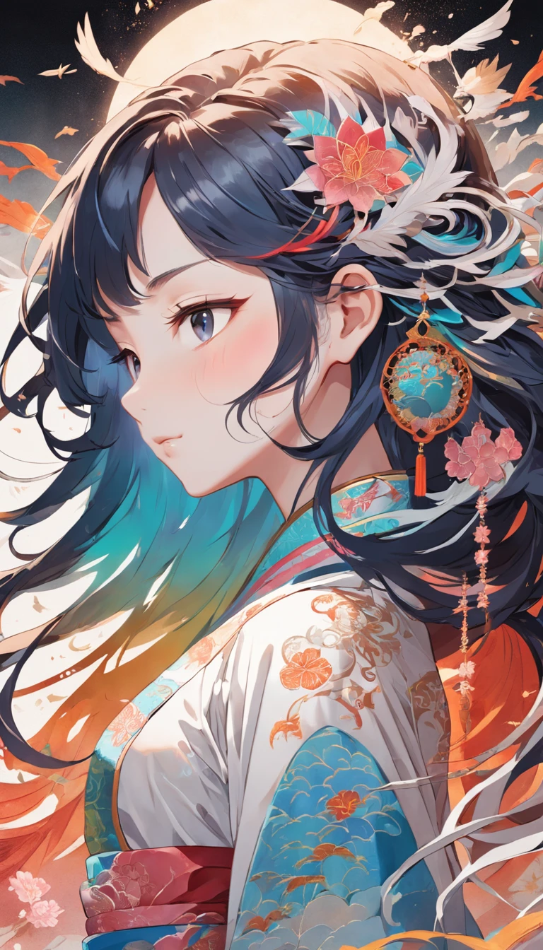 (White background:1.4),(Silhouette of a girl's head, Eyes closed, colorfull long hair, Oriental elements),(Chinese illustration:1.3,paper art:1.3, Quilted paper art:1.2),( reasonable design, Clear lines, High sharpness,Best quality, Very detailed, Masterpiece, movie light effect, 4K )