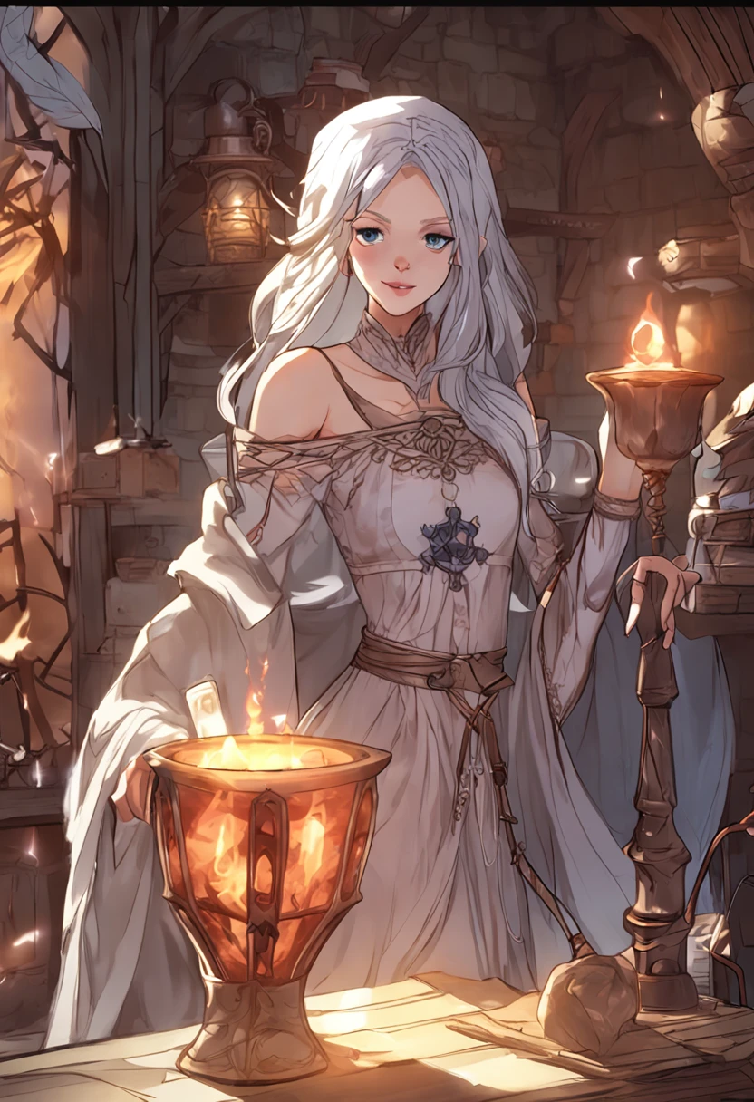 female mage,blacksilk,long whitr hair,high-heels,Bare back,Wearing a mage hat and veil,A beauty that shines with magic,Drink in a medieval cottage
