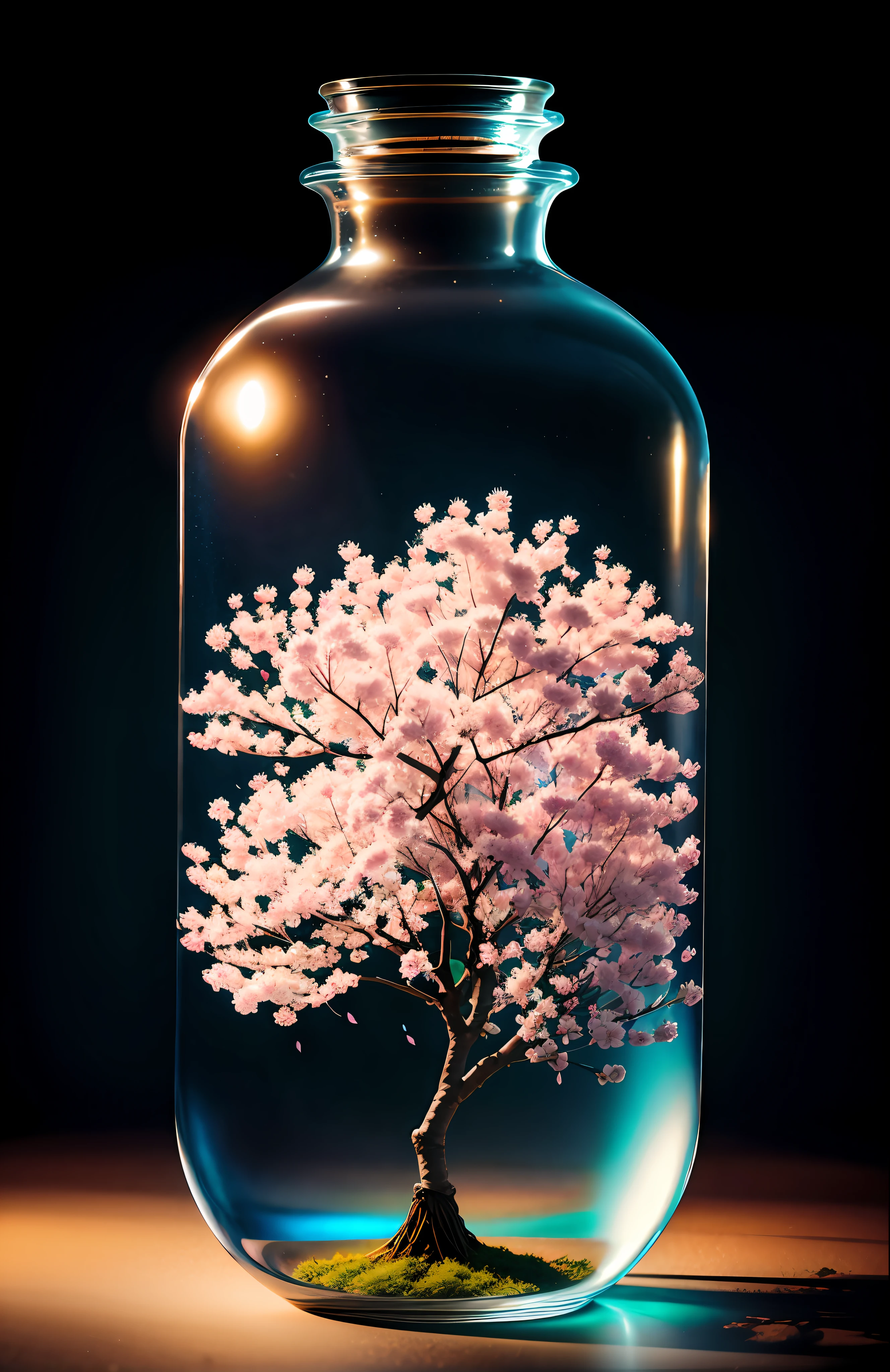 sakura tree in a bottle, fluffy, realistic, atmospheric light refraction, by lee jeffries nikon d850 film stock photograph 4 kodak portra 400 camera f1.6 lens rich colors hyper realistic lifelike texture dramatic lighting unreal engine trending on artstation cinestill 800, Style-Glass