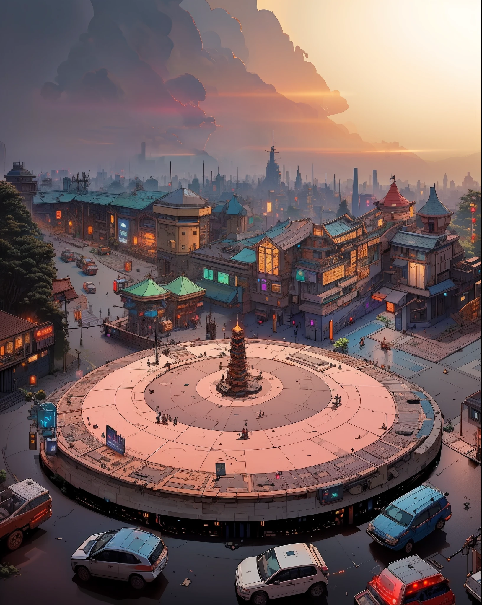 ((Best quality)), ((masterpiece)), (highly detailed:1.3), 3D,(Isometric:1.4),No Humans,StackedCityAI, Welcome to NeoCircuit, a sprawling megacity where neon-lit skyscrapers pierce the night sky and luminescent circuitry weaves through every facet of life. In this isometric cyberpunk metropolis, where reality intertwines with the digital realm, you find yourself at the heart of a thrilling conspiracy.As you navigate the dizzying streets, your eyes are drawn to the mesmerizing glow of the elevated data highways that crisscross the cityscape. Streams of vibrant light pulse with information, connecting the denizens of NeoCircuit to a world of limitless possibilities. The isometric view reveals the city's intricate layers, showcasing the bustling streets, towering arcologies, and clandestine alleyways that hide both secrets and opportunities.But within this neon-lit labyrinth, something sinister lurks in the shadows. The city's power brokers, elusive hackers, and corrupt corporations vie for control, employing advanced technology to manipulate the city's inhabitants. A powerful AI, known as the Oracle, pulls the strings from the depths of cyberspace, its true intentions veiled in enigma.You, an unlikely protagonist, possess unique skills that make you a target and a potential savior. Equipped with a cutting-edge neural implant and augmented reality interface, you possess the ability to unravel the city's mysteries and expose the truth behind NeoCircuit's dark underbelly. The isometric perspective captures the city's sprawling complexity, offering glimpses into hidden corners and secret hideouts, each holding clues to the grand puzzle that awaits.As you delve deeper into the neon-drenched underworld, you encounter a diverse cast of characters, each with their own motivations and agendas. Street-level hackers, rogue operatives, and enigmatic rebels become your allies and adversaries in this high-stakes game of survival. The isometric view allows you to strategize your ever