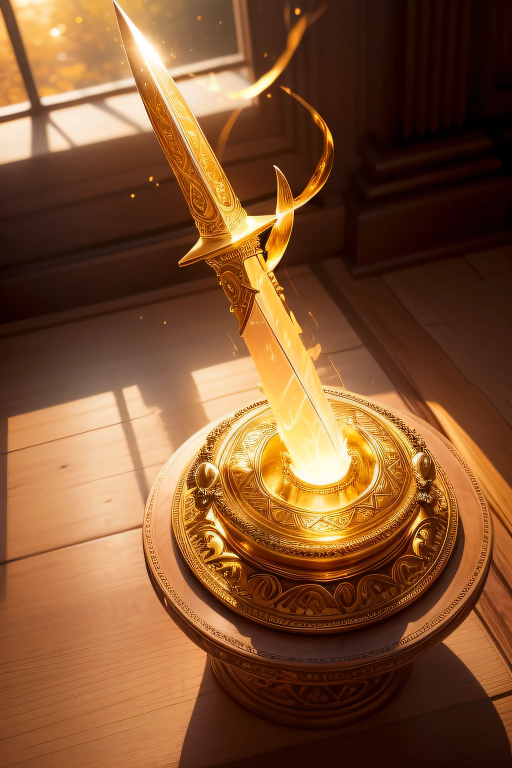 A beautifully detailed image of an enchanted sword lying on a table, glowing with magical energy. The blade, gleaming with a soft, warm light, curves and twists as it stretches from hand to hand, creating a mesmerizing, ethereal trail of swirling flames. The surrounding room is bathed in a warm, golden light, casting a warm glow on the item. macro lens, golden hour, soft lighting