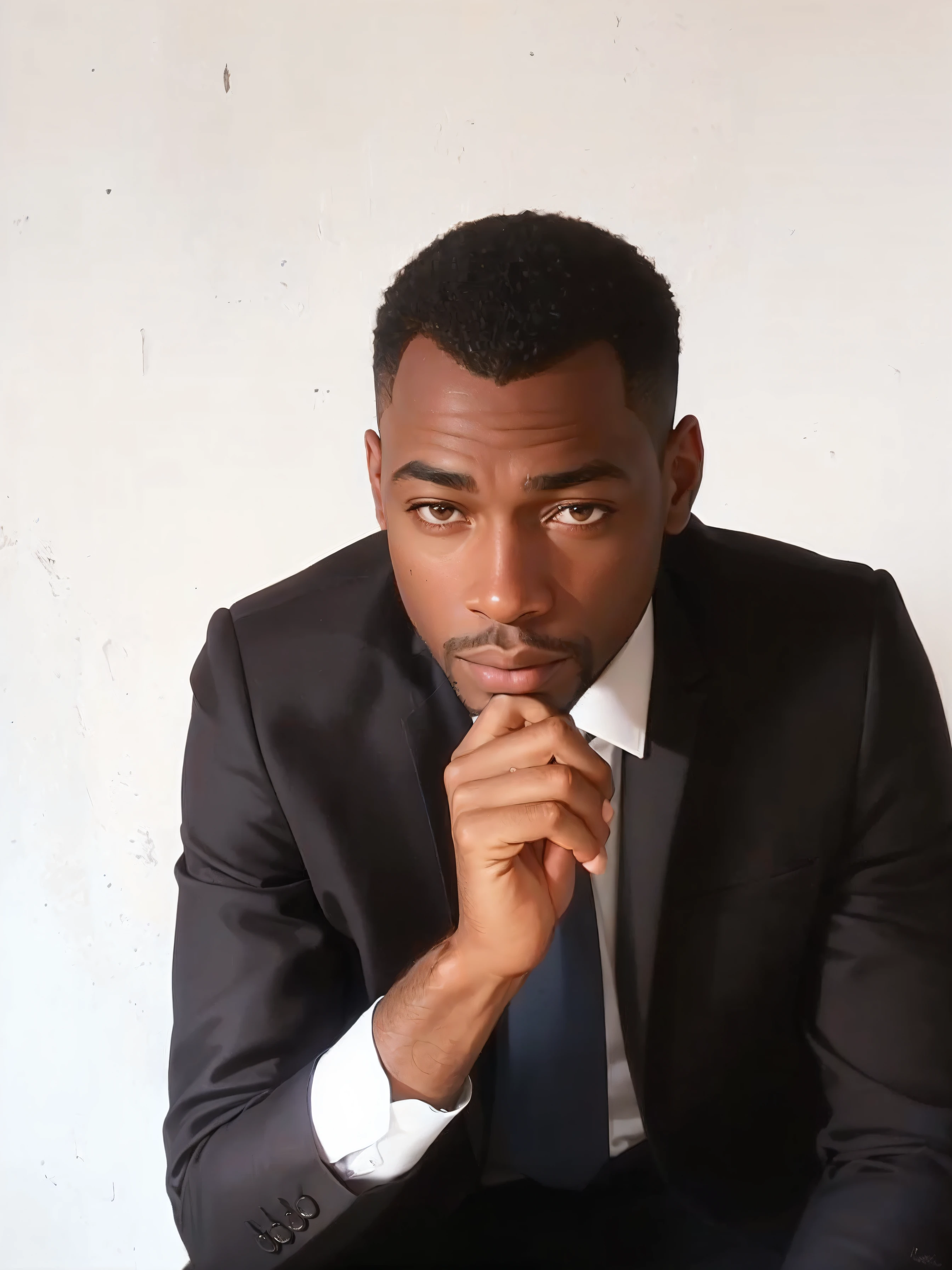 super high resolution, best quality, photo, 8k, (photorealistic: 1.2), cinematic lighting, A black man in suit and tie. He's in the law office, in front of a bookshelf with books and a painting.
