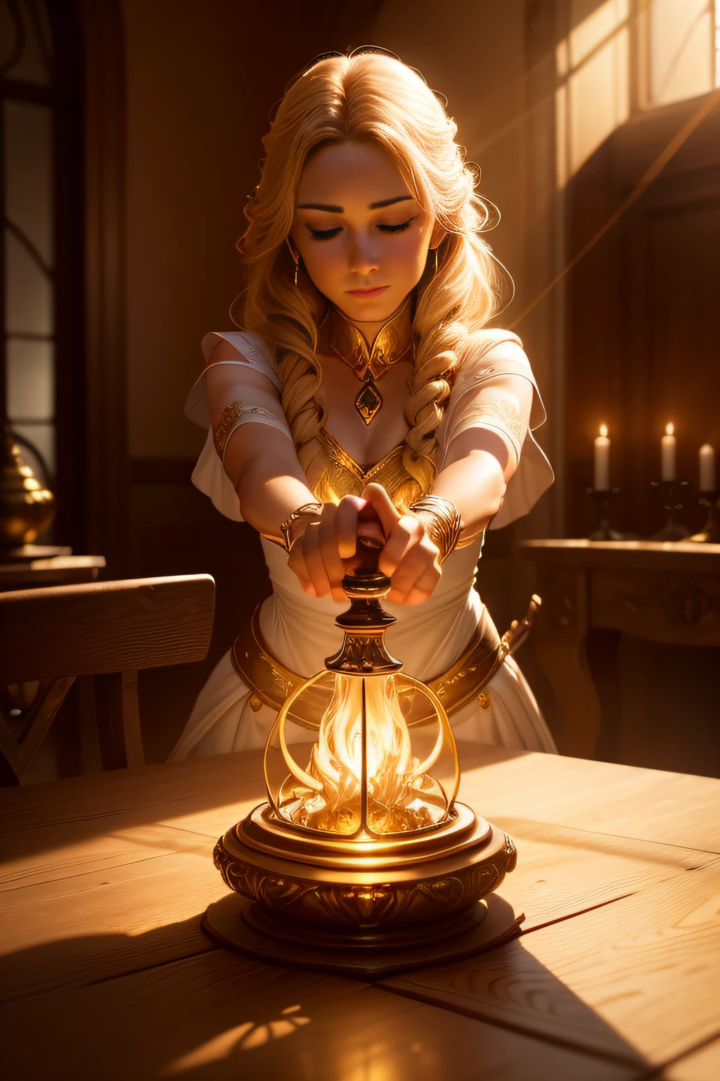 A beautifully detailed image of an enchanted sword lying on a table, glowing with magical energy. The blade, gleaming with a soft, warm light, curves and twists as it stretches from hand to hand, creating a mesmerizing, ethereal trail of swirling flames. The surrounding room is bathed in a warm, golden light, casting a warm glow on the item. macro lens, golden hour, soft lighting