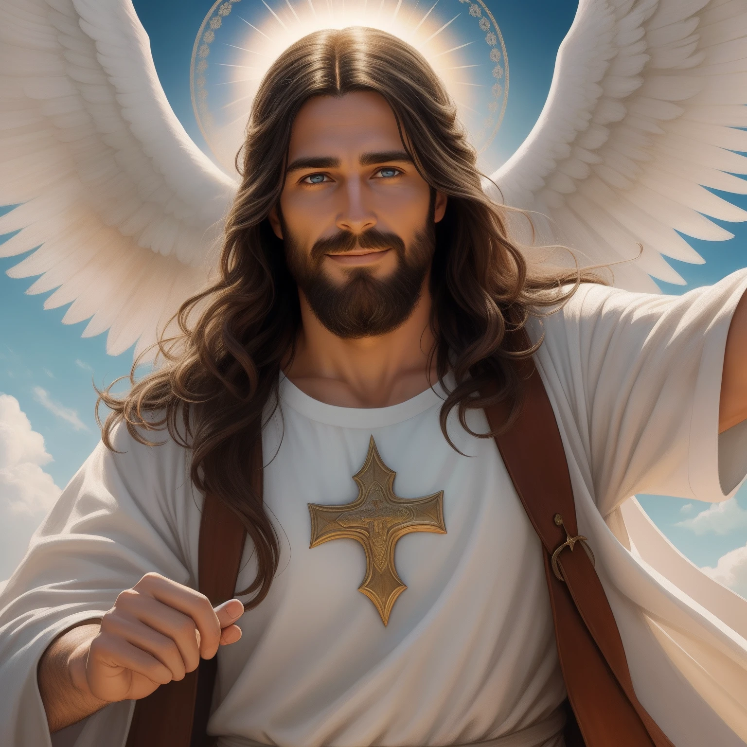 Almighty god Jesus christ ( jesus) blessing to the sky 35 years old with a long brown hair and long beard, heaven blessings light with a cross background) happy face, realistic 8k,A beautiful ultra-thin realistic portrait of Jesus, the prophet, a man 35 years old Hebrew brunette, short brown hair, real perfect eyes, long brown beard, with, Helping People , wearing long linen tunic closed on the chest part, in front view, full body, biblical, realistic,by Diego Velázquez,Peter Paul Rubens,Rembrandt,Alex Ross,8k, Concept Art, PhotoRealistic, Realistic, Illustration, Oil Painting, Surrealism, HyperRealistic, helping people , Digital art, style, watercolorReal Jesus flying on sky with a flying cloud in the background, Jesus walking on water, biblical illustration, epic biblical representation, forcing him to flee, coming out of the ocean, ! holding in hand!, disembarking, god of the ocean, beautiful representation, 8k 3D Model, realistic,
a 3D Realistic of jesus with a halo in the sky, jesus christ, smiling in heaven, portrait of jesus christ, jesus face, 35 young almighty god, portrait of a heavenly god, greg olsen, gigachad jesus, jesus of nazareth, jesus, the face of god, god looking at me, he is greeting you warmly, he is happy, avatar image