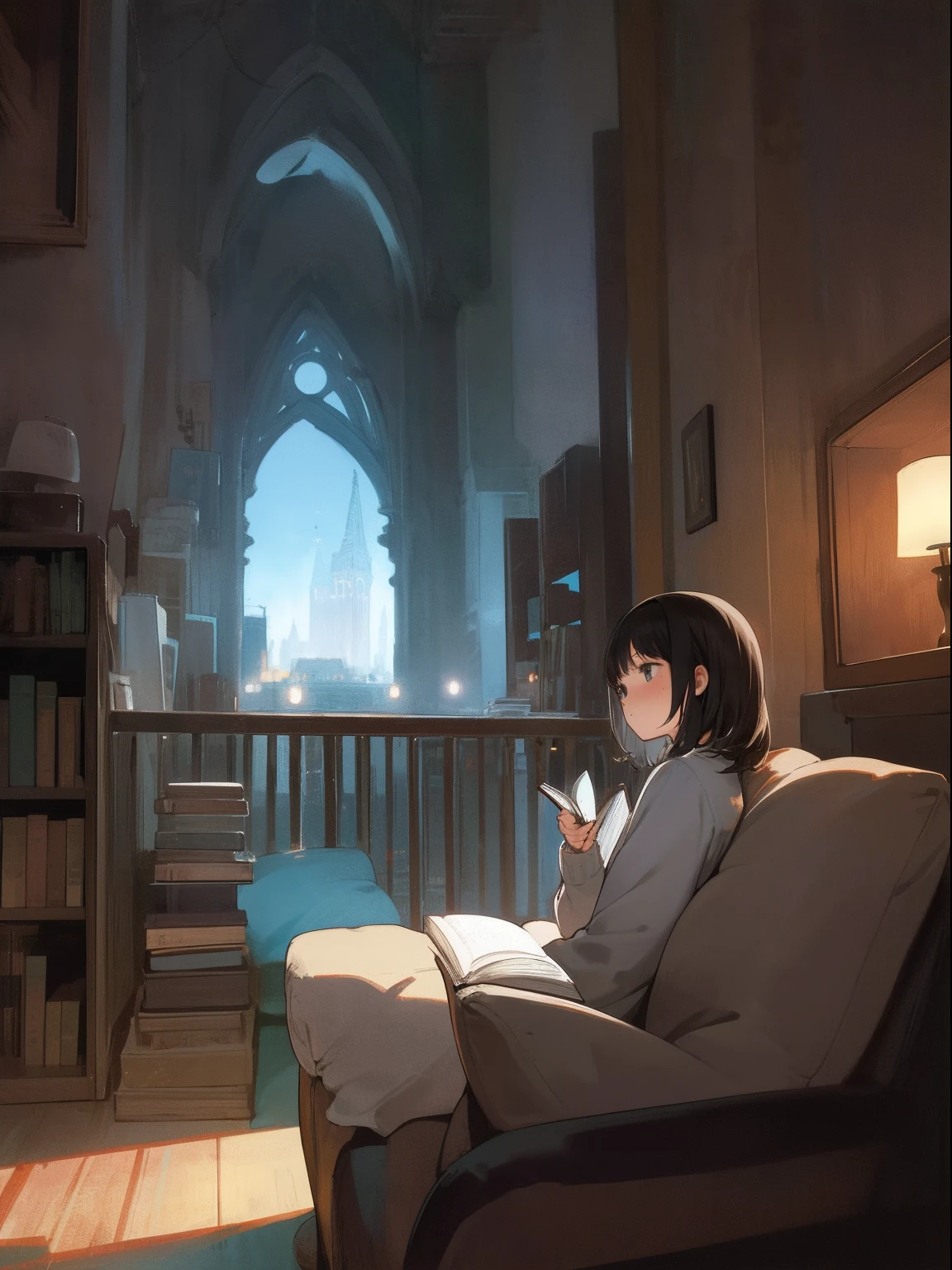 masterpiece, top-quality, 1girl in, The upper part of the body, sitting on, shorth hair, , A dark-haired, tower、white clothes, frilld,Back alley、Angle from below、number of people: one person
action: Before going to bed、Relax while reading a book
time: natta、Warm lamp light
place: Comfortable sofa in the living room
situation: Reading before bed
Worldview: A modern relaxing space
Camera Angle: A perspective from the side of a woman reading a book