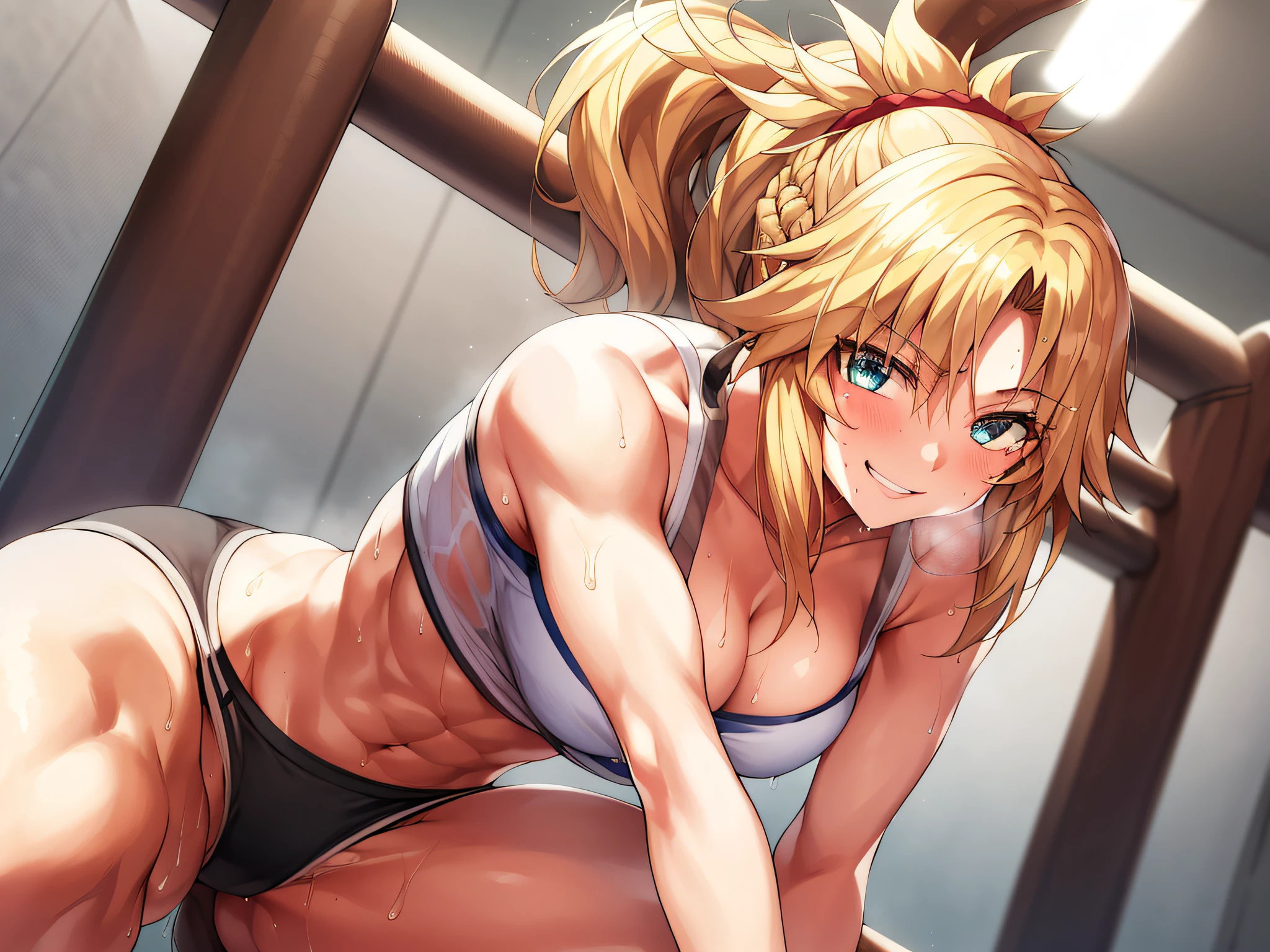 (Best Quality, masterpiece1.2), absurderes, Photorealistic, (Detailed eye:1.2), intricate detailes, 1girl in, (muscular:0.7), Blonde, Ponytail, Smile, Happy, (Sweat:1.2), croptop, steaming body, gym, weightlifting, (Barbell), Squatting, Looking at Viewer, Shiny skin