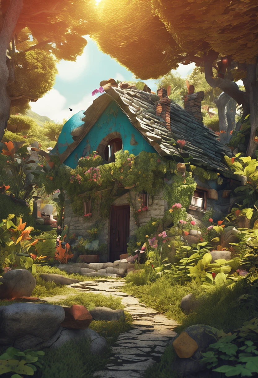 Detailed and Intricicated, bioluminicense, A dwarf village deep in the forest, Picture book illustrations, Italy, In the sun filtering through the trees of the forest、There are a lot of small houses。Roof made of leaves。stone pavement。