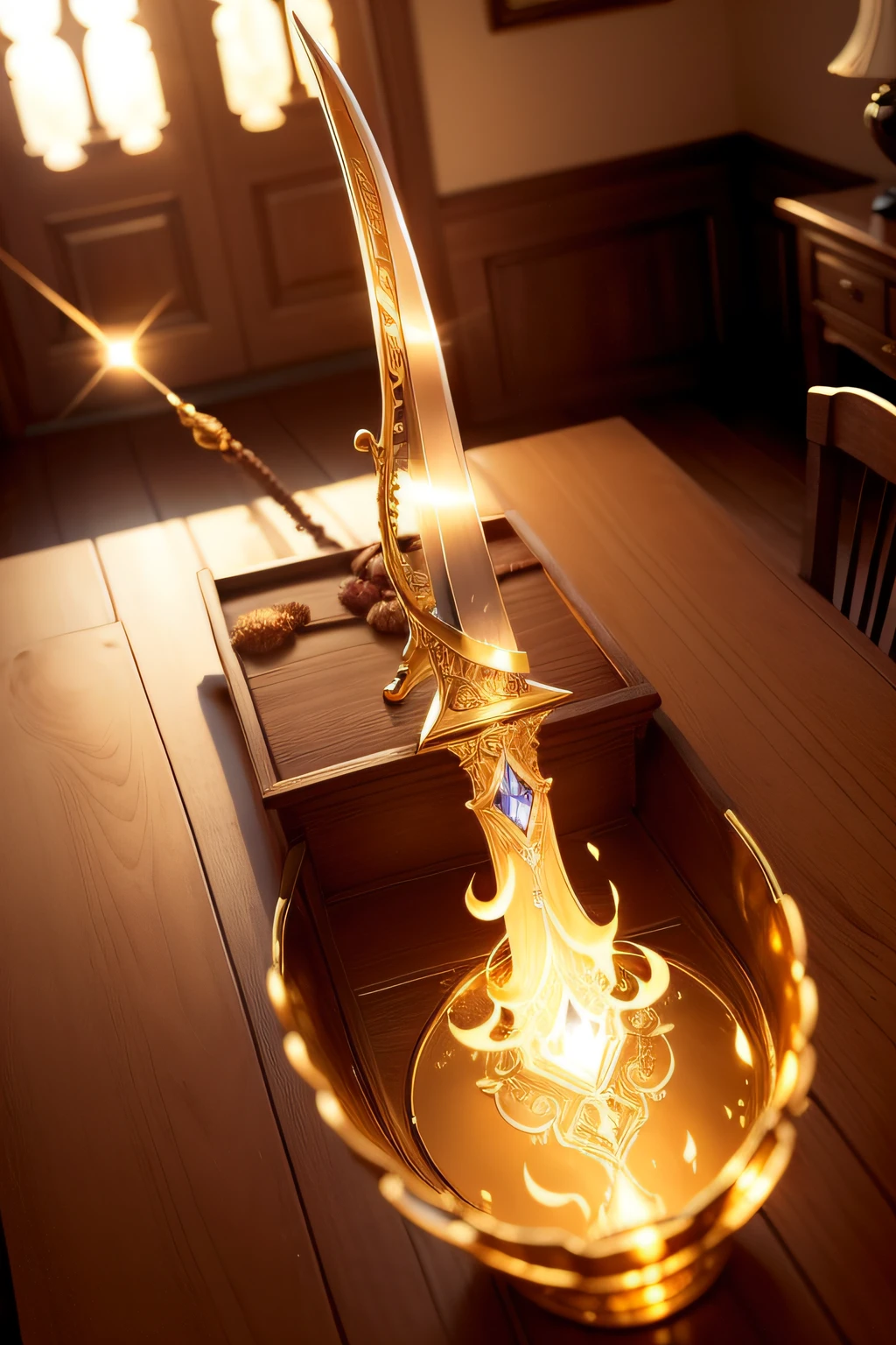 A beautifully detailed image of an enchanted sword lying on a table, glowing with magical energy. The blade, gleaming with a soft, warm light, curves and twists as it stretches from hand to hand, creating a mesmerizing, ethereal trail of swirling flames. The surrounding room is bathed in a warm, golden light, casting a warm glow on the item. macro lens, golden hour, soft lighting