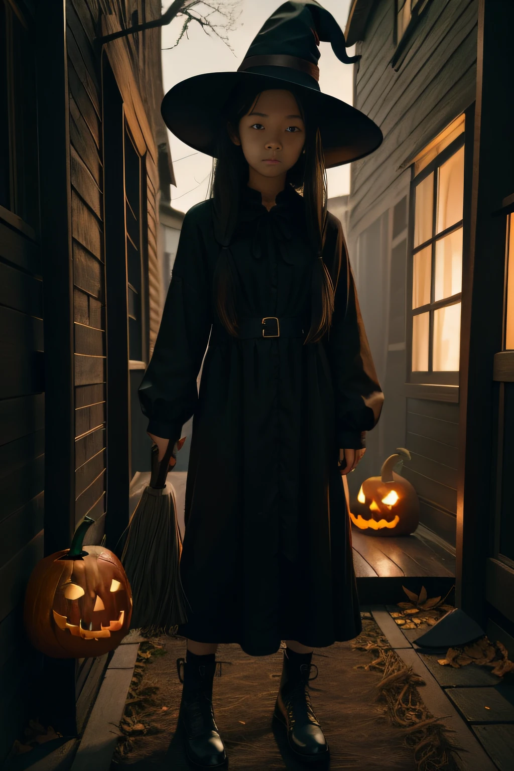 A nerdy girl is walking down a dark path decorated with halloween pumpkins, while it rains, with a book in her hands, makoto shiing, highly detailed, incredible quality, trending in artstation animenkai and studio ghibli, dramatic light