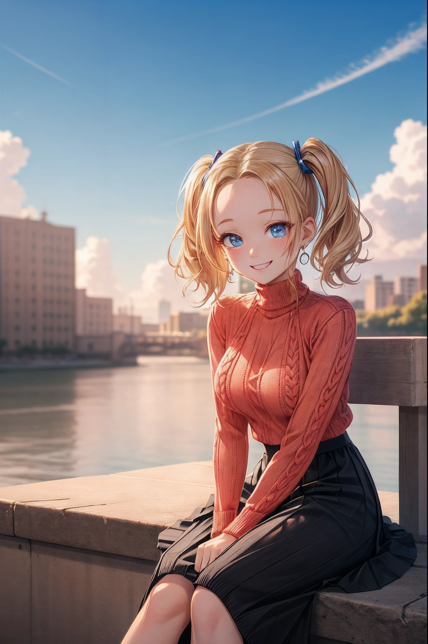 absurderes, ultra-detailliert,bright colour, extremely beautiful detailed anime face and eyes, view straight on, ;D, shiny_skin,25 years old, Short hair, (Forehead:1.3), Blonde hair with short twin tails, Shiny hair, Delicate beautiful face, red blush、(Blue eyes:1.3), White skin, hair clips, earrings, a necklace,(Red High Neck Knit:1.5),(Happy smile:1.4),Beautiful cloud,(Pink pumps),Dusk sky,(Black long skirt:1.6), (Sit up)