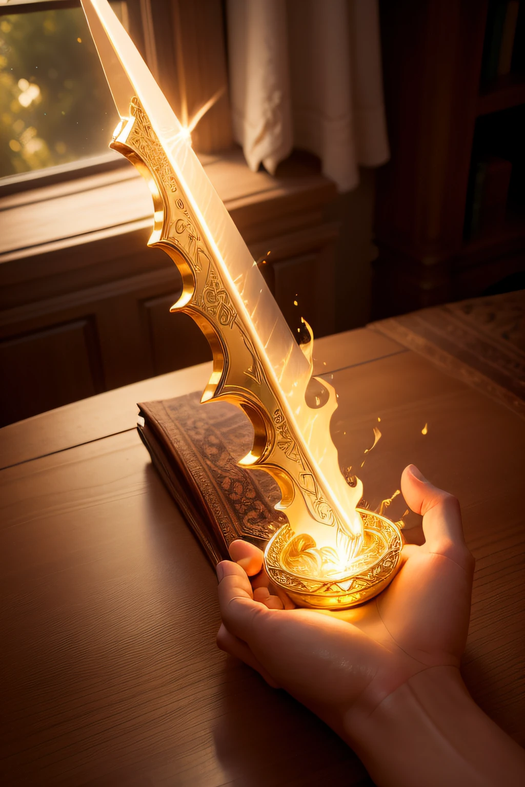 A beautifully detailed image of an enchanted sword lying on a table, glowing with magical energy. The blade, gleaming with a soft, warm light, curves and twists as it stretches from hand to hand, creating a mesmerizing, ethereal trail of swirling flames. The surrounding room is bathed in a warm, golden light, casting a warm glow on the item. macro lens, golden hour, soft lighting
