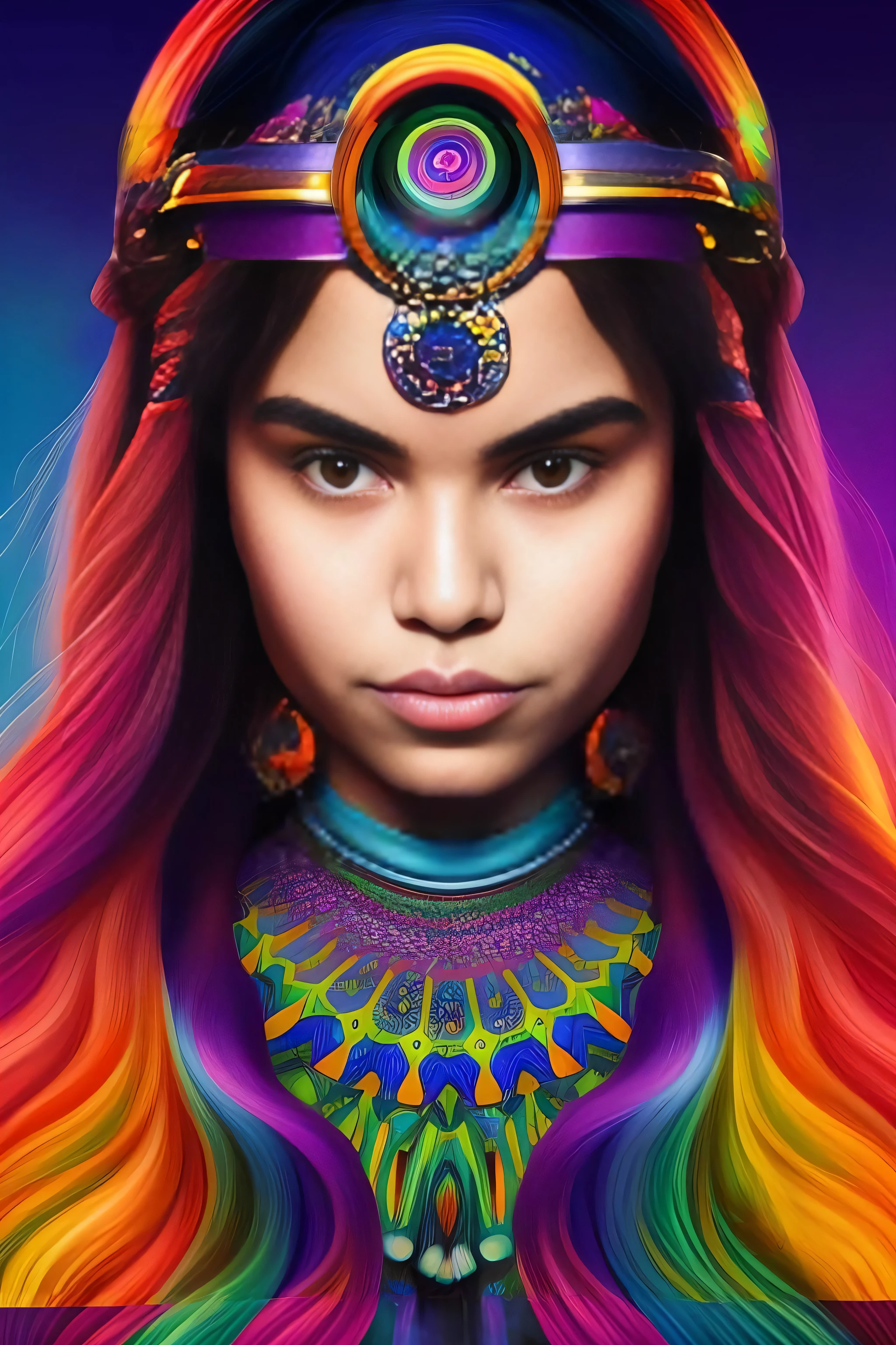 uma mulher com cabelo colorido e um colar colorido, arte de fantasia digital colorida, pintura digital vibrante, pintura digital colorida, vibrant fan art, pintura digital impressionante, arte digital colorida, Retrato da princesa asteca, estilo de fantasia vibrante, lindo arte digital, lindo pintura digital, color photograph portrait 4k, arte digital colorida, wearing psychedelic wicca, cores vibrantes hiper realismo, aura colorida
