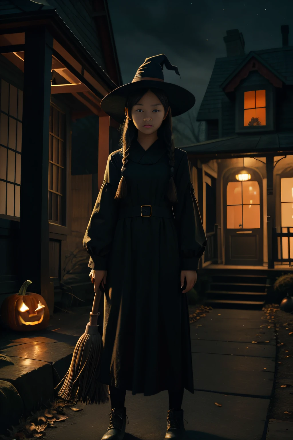 1 girl, young, , Asian, full body from head to toe, realistic, realistic face, worried, looking at viewer, side lighting, wallpaper background, spooky old house Halloween in background, witch outfit, earth earth, outside, hold a pumpkin in one hand, a broom in the other hand, Ghosts coming out of buildings,