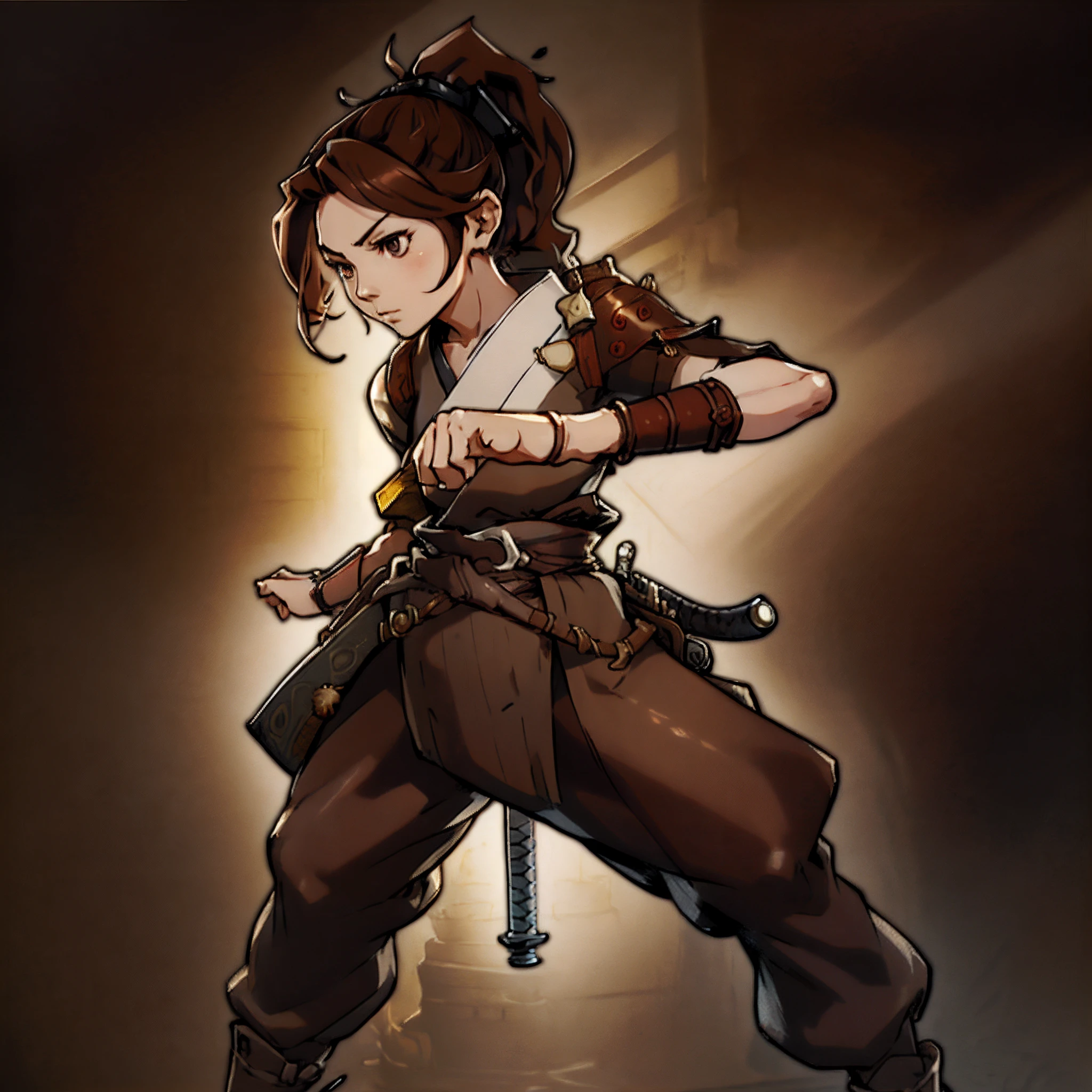 Game Art design, Octopath Traveler 2, 1girl, hikari ku, (solo:1.4), brown hair, ponytail, samurai warrior wearing a katana on his waist belt, japanese clothes with ornaments, yoroi, extremely detailed face and eyes, (dynamic pose:1.4), absurdes