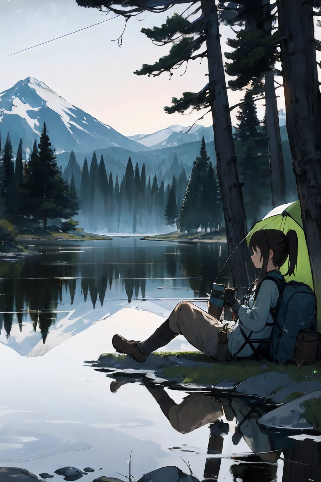 masterpiece, best quality, ultra-detailed, illustration, 1girl, solo, outdoors, camping, night, mountains, nature, stars, moon, tent, twin ponytails, green eyes, cheerful, happy, backpack, sleeping bag, camping stove, water bottle, mountain boots, gloves, sweater, hat, flashlight, forest, rocks, river, wood, smoke, shadows, contrast, clear sky, constellations, Milky Way, peaceful, serene, quiet, tranquil, remote, secluded, adventurous, exploration, escape, independence, survival, resourcefulness, challenge, perseverance, stamina, endurance, observation, intuition, adaptability, creativity, imagination, artistry, inspiration, beauty, awe, wonder, gratitude, appreciation, relaxation, enjoyment, rejuvenation, mindfulness, awareness, connection, harmony, balance, texture, detail, realism, depth, perspective, composition, color, light, shadow, reflection, refraction, tone, contrast, foreground, middle ground, background, naturalistic, figurative, representational, impressionistic, expressionistic, abstract, innovative, experimental, unique