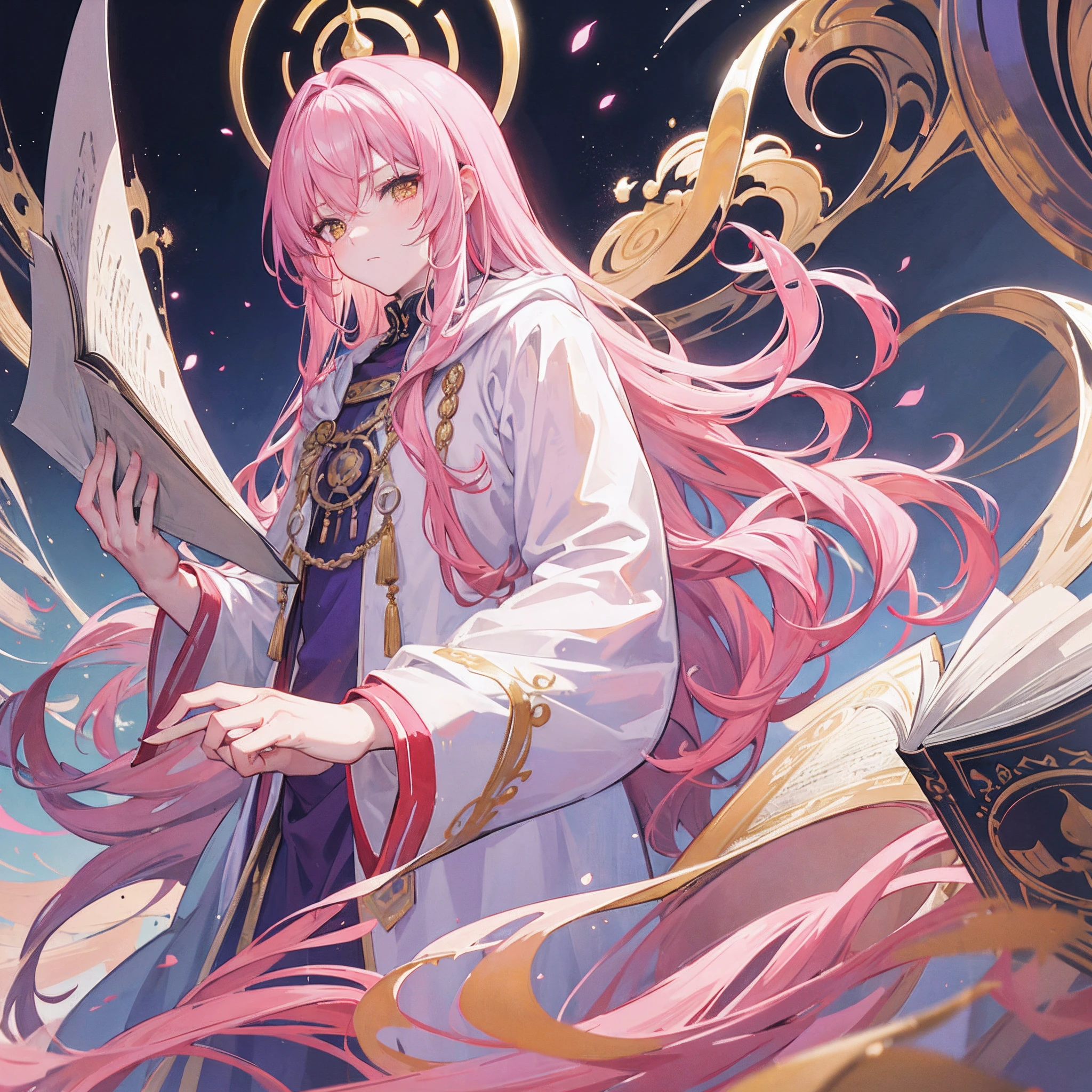 1 man,lean,muscular,tall,wearing white wizard robes,golden eyes,long pink wavy hair,a grand archive with books as a background,(masterpiece)best quality,high detail