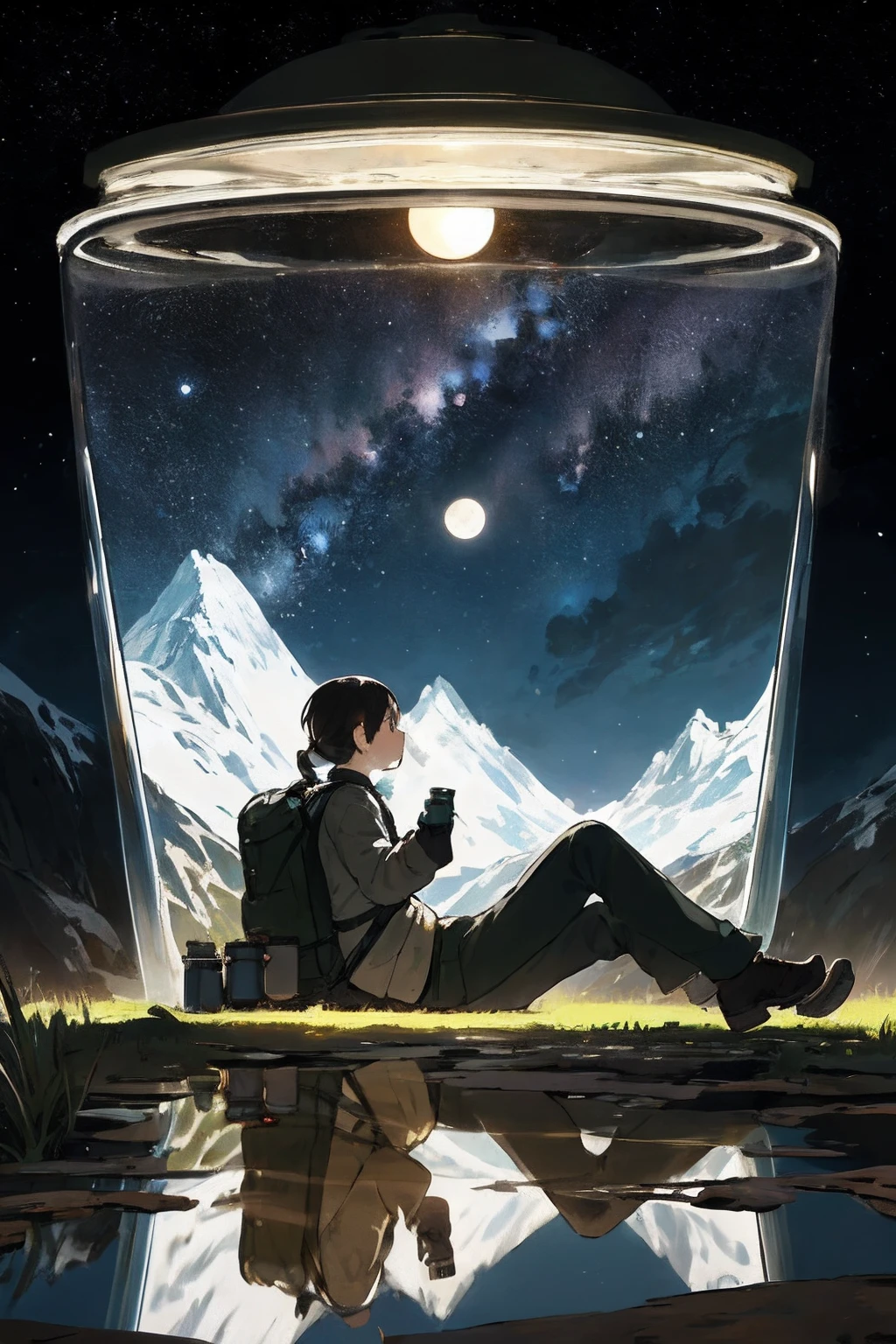 masterpiece, best quality, ultra-detailed, illustration, 1girl, solo, outdoors, camping, night, mountains, nature, stars, moon, tent, twin ponytails, green eyes, cheerful, happy, backpack, sleeping bag, camping stove, water bottle, mountain boots, gloves, sweater, hat, flashlight, forest, rocks, river, wood, smoke, shadows, contrast, clear sky, constellations, Milky Way, peaceful, serene, quiet, tranquil, remote, secluded, adventurous, exploration, escape, independence, survival, resourcefulness, challenge, perseverance, stamina, endurance, observation, intuition, adaptability, creativity, imagination, artistry, inspiration, beauty, awe, wonder, gratitude, appreciation, relaxation, enjoyment, rejuvenation, mindfulness, awareness, connection, harmony, balance, texture, detail, realism, depth, perspective, composition, color, light, shadow, reflection, refraction, tone, contrast, foreground, middle ground, background, naturalistic, figurative, representational, impressionistic, expressionistic, abstract, innovative, experimental, unique