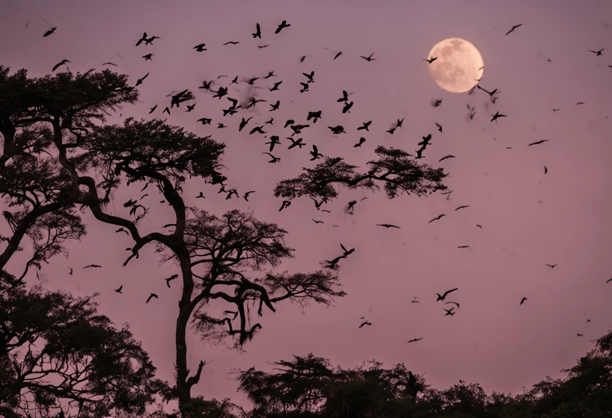 On the right side some vultures flying in circles on the edge of the cliff, sobrevoando o morro da Vista Chinesa, in Rio de Janeiro, Noite escura, com muitas sombras, stars and full moon in the sky and many trees coming down the cliff