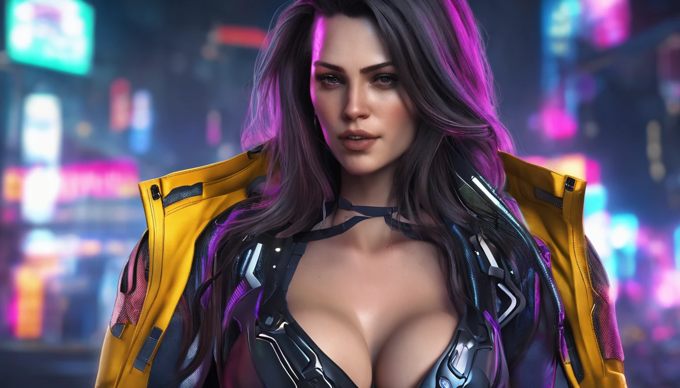 Surprisingly beautiful cyberpunk woman, Equal body long hair,full bodyesbian, illusory engine, 3Drenderingof, Extremely detailed, voluminetric lighting, 8K, high resolution, Polished,Domineering posture,Expose the lateral breasts,PC Wallpapers,
