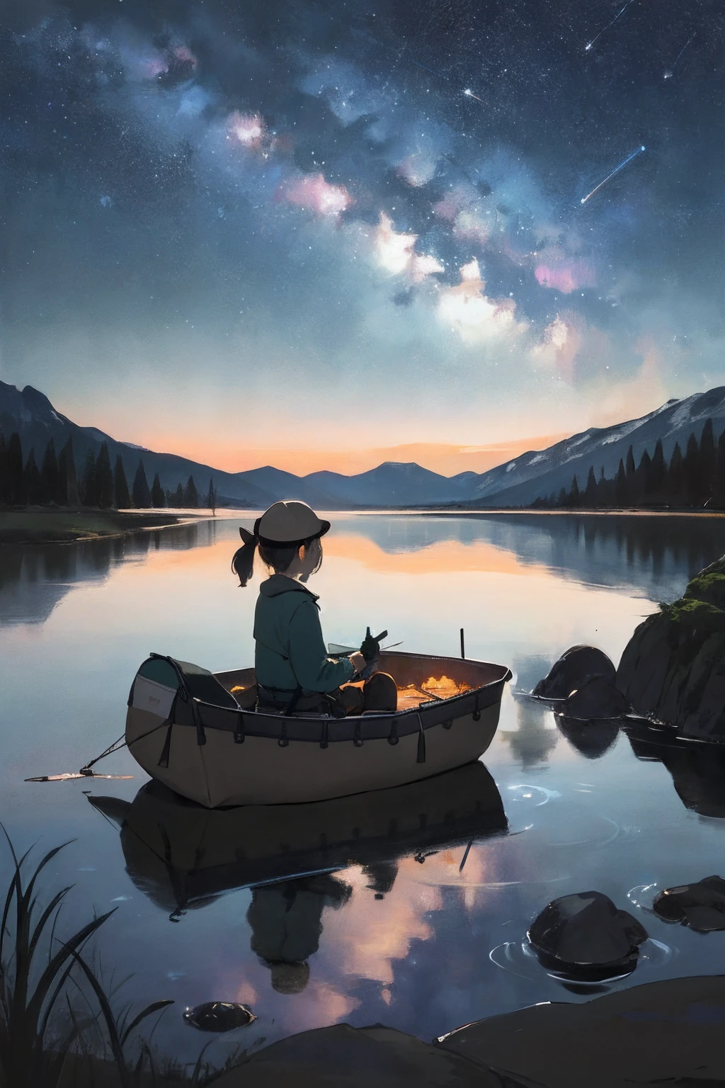 masterpiece, best quality, ultra-detailed, illustration, 1girl, solo, outdoors, camping, night, mountains, nature, stars, moon, tent, twin ponytails, green eyes, cheerful, happy, backpack, sleeping bag, camping stove, water bottle, mountain boots, gloves, sweater, hat, flashlight, forest, rocks, river, wood, smoke, shadows, contrast, clear sky, constellations, Milky Way, peaceful, serene, quiet, tranquil, remote, secluded, adventurous, exploration, escape, independence, survival, resourcefulness, challenge, perseverance, stamina, endurance, observation, intuition, adaptability, creativity, imagination, artistry, inspiration, beauty, awe, wonder, gratitude, appreciation, relaxation, enjoyment, rejuvenation, mindfulness, awareness, connection, harmony, balance, texture, detail, realism, depth, perspective, composition, color, light, shadow, reflection, refraction, tone, contrast, foreground, middle ground, background, naturalistic, figurative, representational, impressionistic, expressionistic, abstract, innovative, experimental, unique