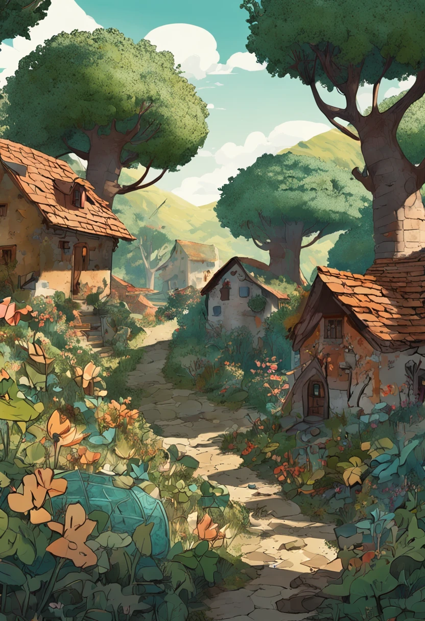 Detailed and Intricicated, bioluminicense, A dwarf village deep in the forest, Picture book illustrations, Italy, In the sun filtering through the trees of the forest、There are a lot of small houses。Roof made of leaves。stone pavement。Lots of flowers are blooming。Fantasia。