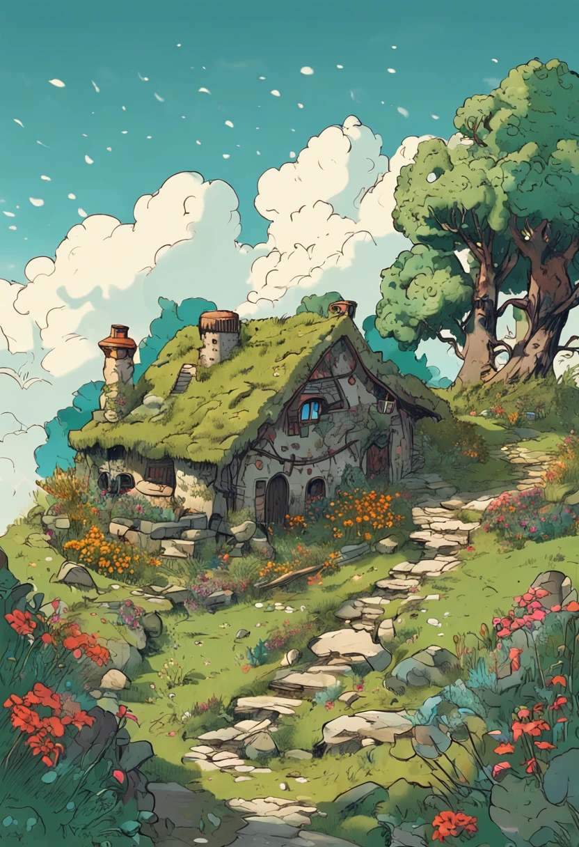 Detailed and Intricicated, bioluminicense, A dwarf village deep in the forest, Picture book illustrations, Italy, In the sun filtering through the trees of the forest、There are a lot of small houses。Roof made of leaves。stone pavement。Lots of flowers are blooming。Fantasia。