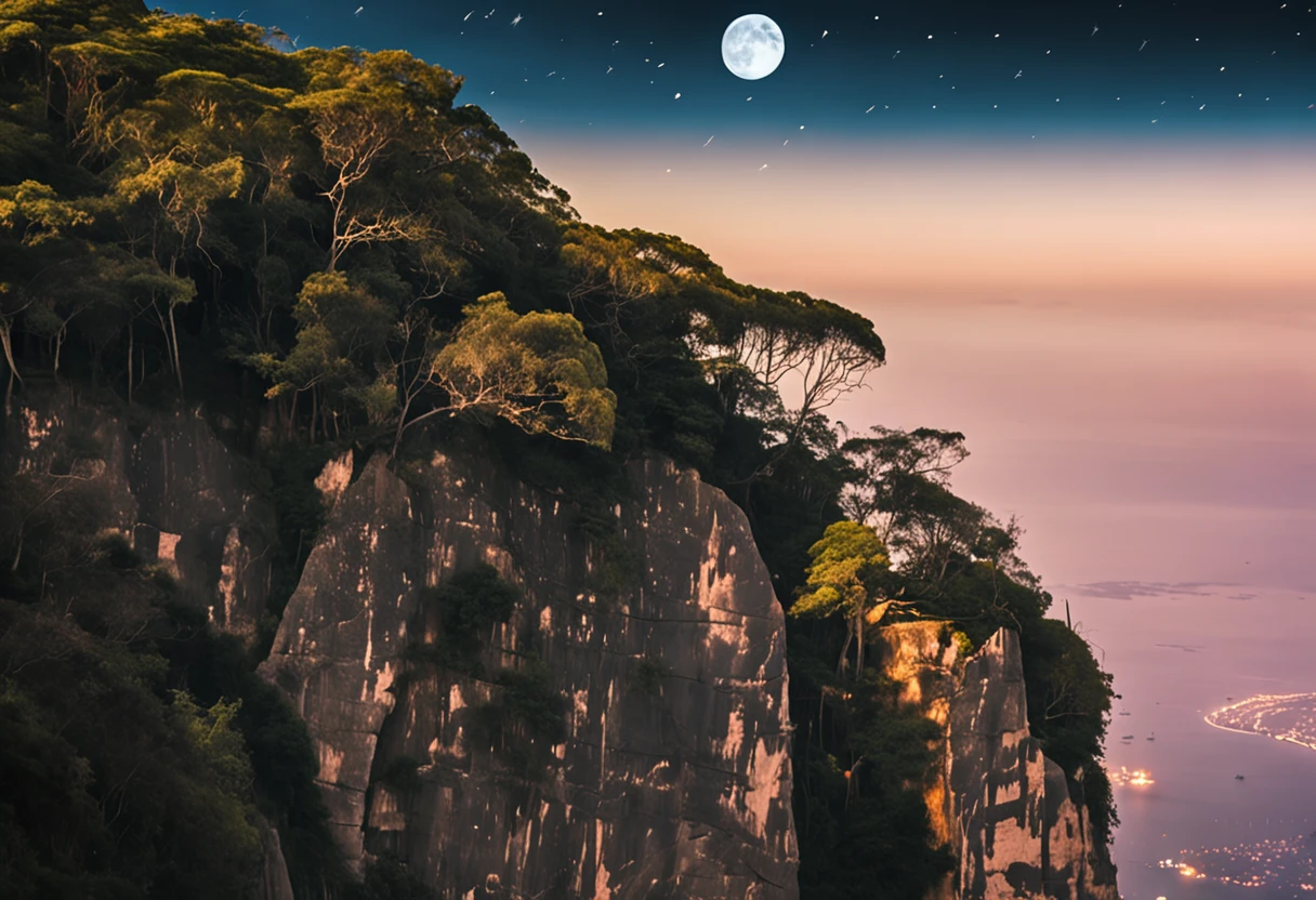 On the right side some vultures flying in circles on the edge of the cliff, sobrevoando o morro da Vista Chinesa, in Rio de Janeiro, Noite escura, com muitas sombras, stars and full moon in the sky and many trees coming down the cliff