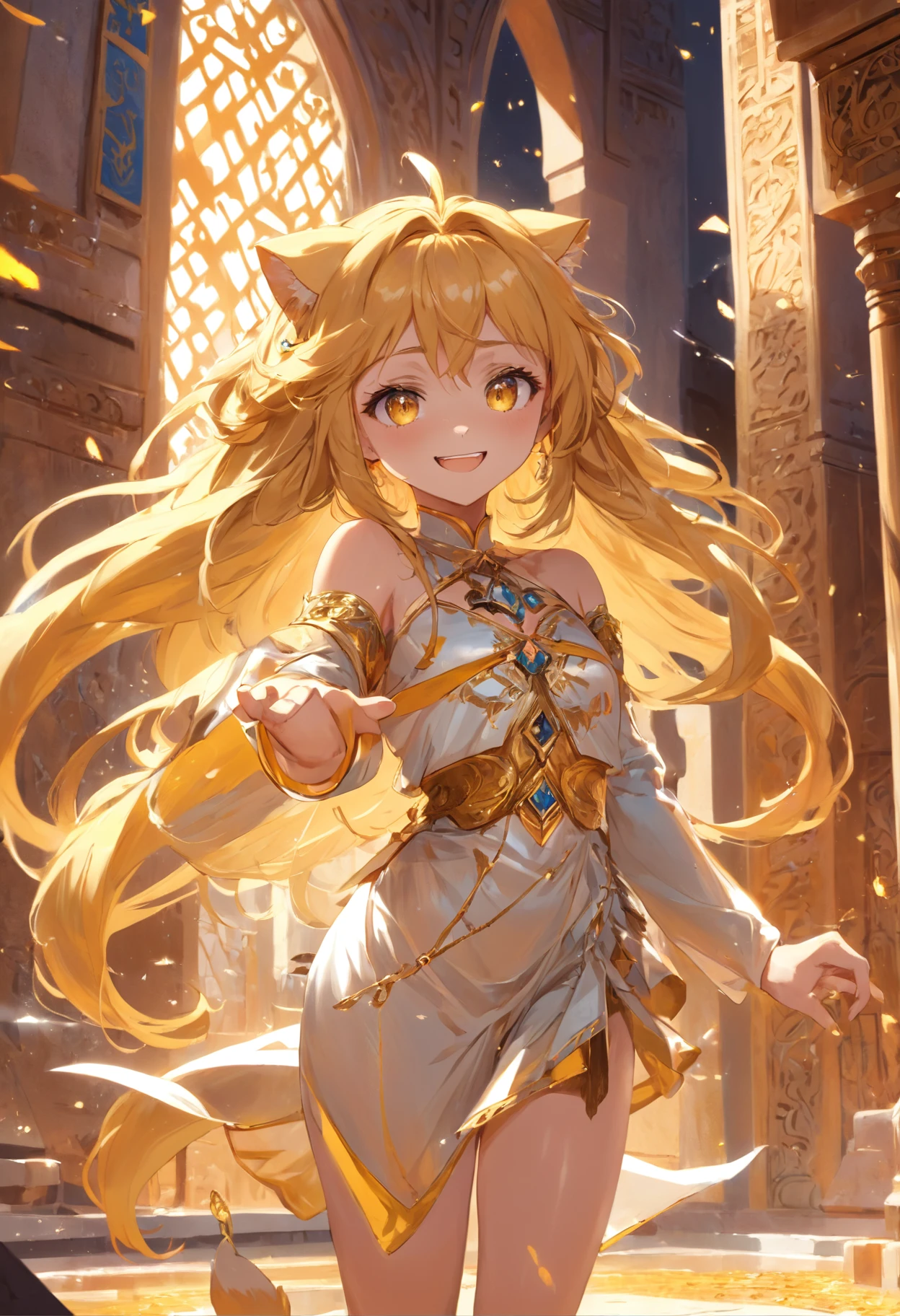 (Masterpiece), (best quality), hight resolution, ultra-detailed, (hyper detailed background, Detailed background), highly detailed, photorealistic, 1 beautiful and gorgeous girl, (cat ears), off-shoulder, North African Islam, Alhambra palace, (Islamic Africa:1.2), Colorful, in desert, Long Long Platina Bond Shining Hair, Big yellow crystal eyes, smile, dancing, light, broken glass, a girl with lion, shining brightly, ((3D)),