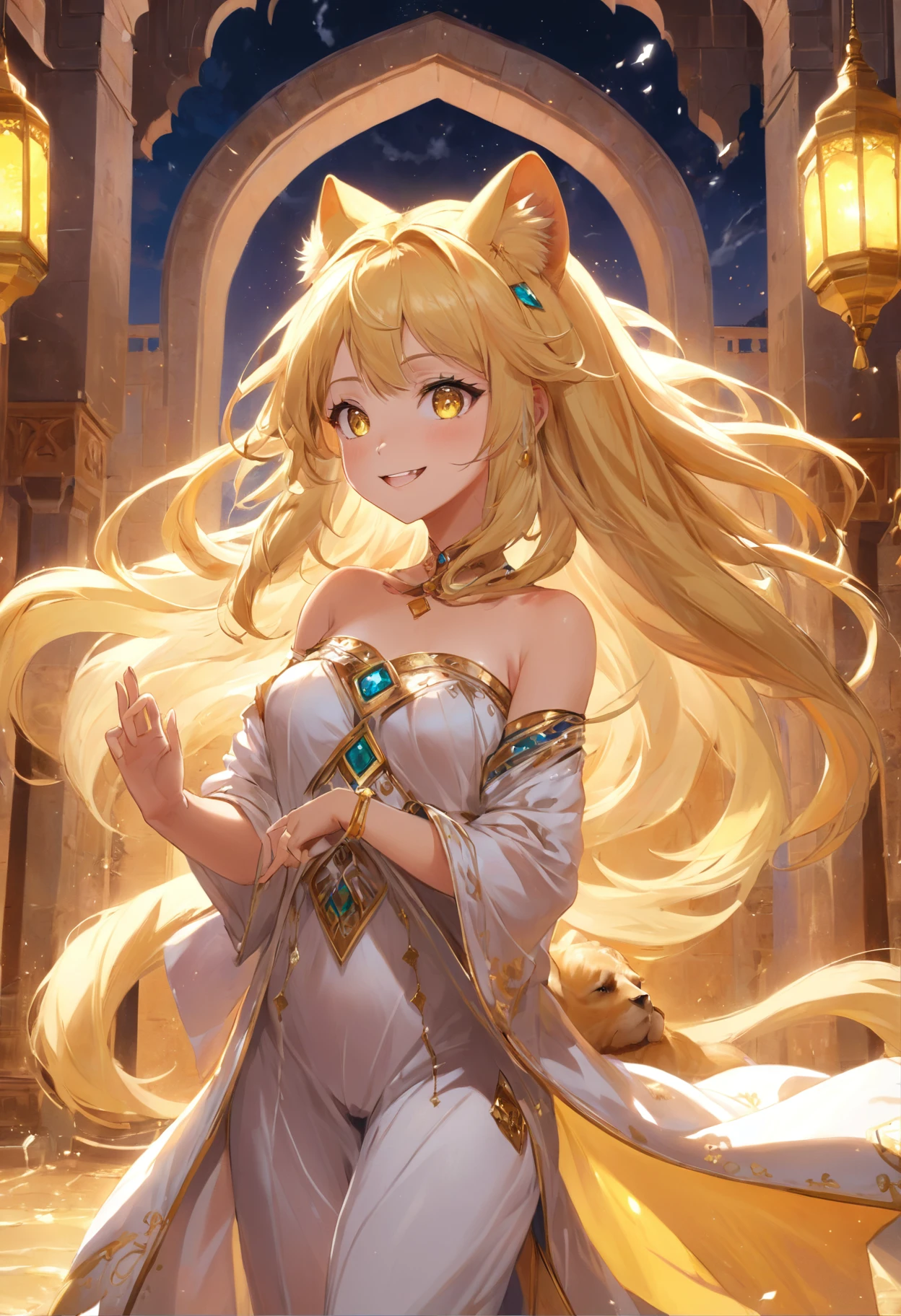 (Masterpiece), (best quality), hight resolution, ultra-detailed, (hyper detailed background, Detailed background), highly detailed, photorealistic, 1 beautiful and gorgeous girl, (cat ears), off-shoulder, North African Islam, Alhambra palace, (Islamic Africa:1.2), Colorful, in desert, Long Long Platina Bond Shining Hair, Big yellow crystal eyes, smile, dancing, light, broken glass, a girl with lion, shining brightly, ((3D)),