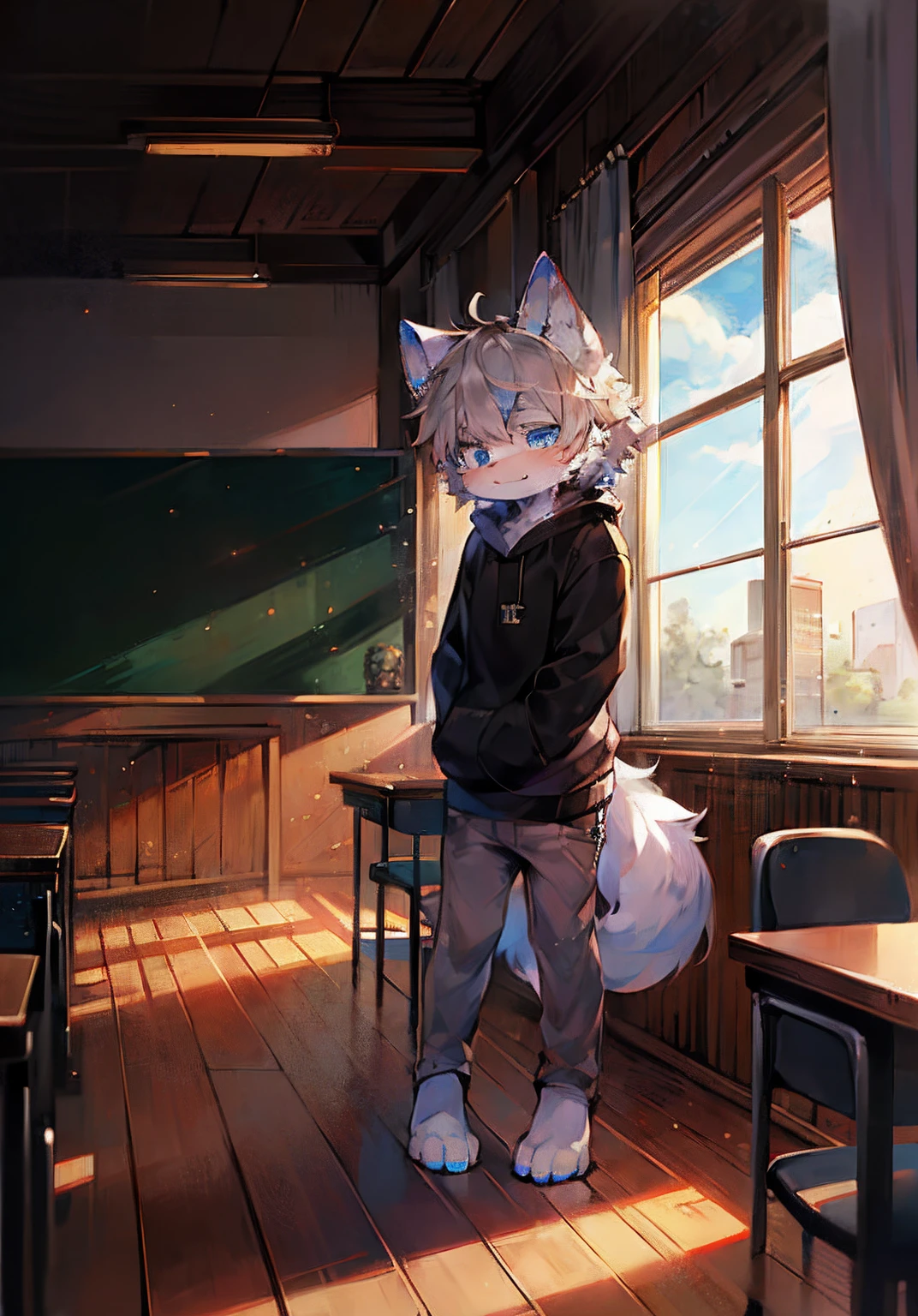 (ambiente dark:0.8),Masterpiece,High quality,abstract res,Digital painting\(artwork of a\), by Dagasi, Yupa,Kiyosan,(anthro,Fluffy fur,Character focus:1.1),anthro male cat,Short hair,Portrait , eyes with brightness, in a panoramic view, Character focus.(detailedbackground:0.7), 独奏, shaggy, shaggy male, malefocus, anthr,(Full Body Furry, Fluffy tail, White fur, blue color eyes, Gray hair:1.2), (long canines、Vampires、Black sweatshirt、Black pants:1.2),(interiors、early evening、Classroom、classroom desk:1.1)