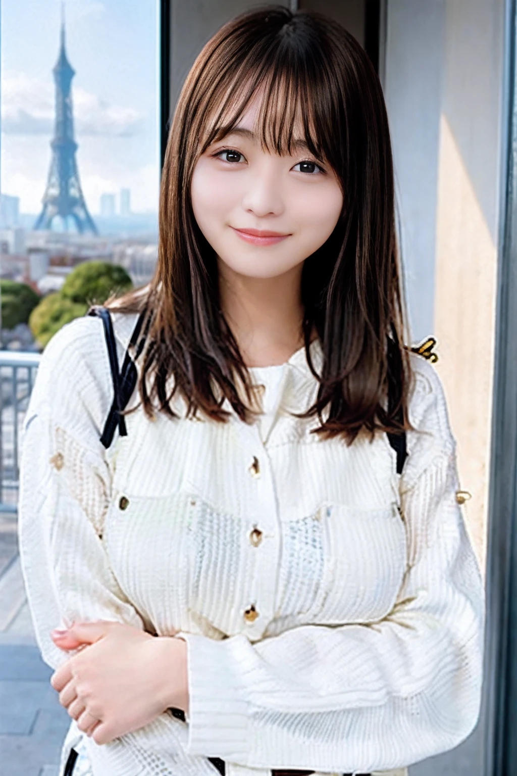 (skin blemishes:1.2)、(dent in the skin)、Black eye、Female 1 Person、25 years old、(((femele)))、独奏、realisitic、top-quality、Photorealsitic、masterpiece、8K、hight resolution、独奏、extra detailed face、(Professional Writing、bokeh dof)、(Particles of light、lensflare、Luminous particles:0.6)、(dynamicposes:1.2)、softlighting、Angle seen from above、Fashionable and trendy atmosphere、jpn、street、TOKYOcty、harbour、skytree、Tokyo Tower、 ((during daytime))、Skysky、((Viewer's Perspective:1))、(elongated ovoid contours,)、(Looking at the camera)、(portlate:0.6)、cowboy shot、a gorgeous、Standing、Maintains original facial proportions、broad shoulder、full bodyesbian、 (Breast Abundance:1.2)、(Medium hair)、Brown hair、Floating hair、s lips、lipsticks、seducting smile、Floating hair、a smile、beginning、tusk、(summer dress:1)、eye lashes、mole、(Mole under the eyes:1) 、