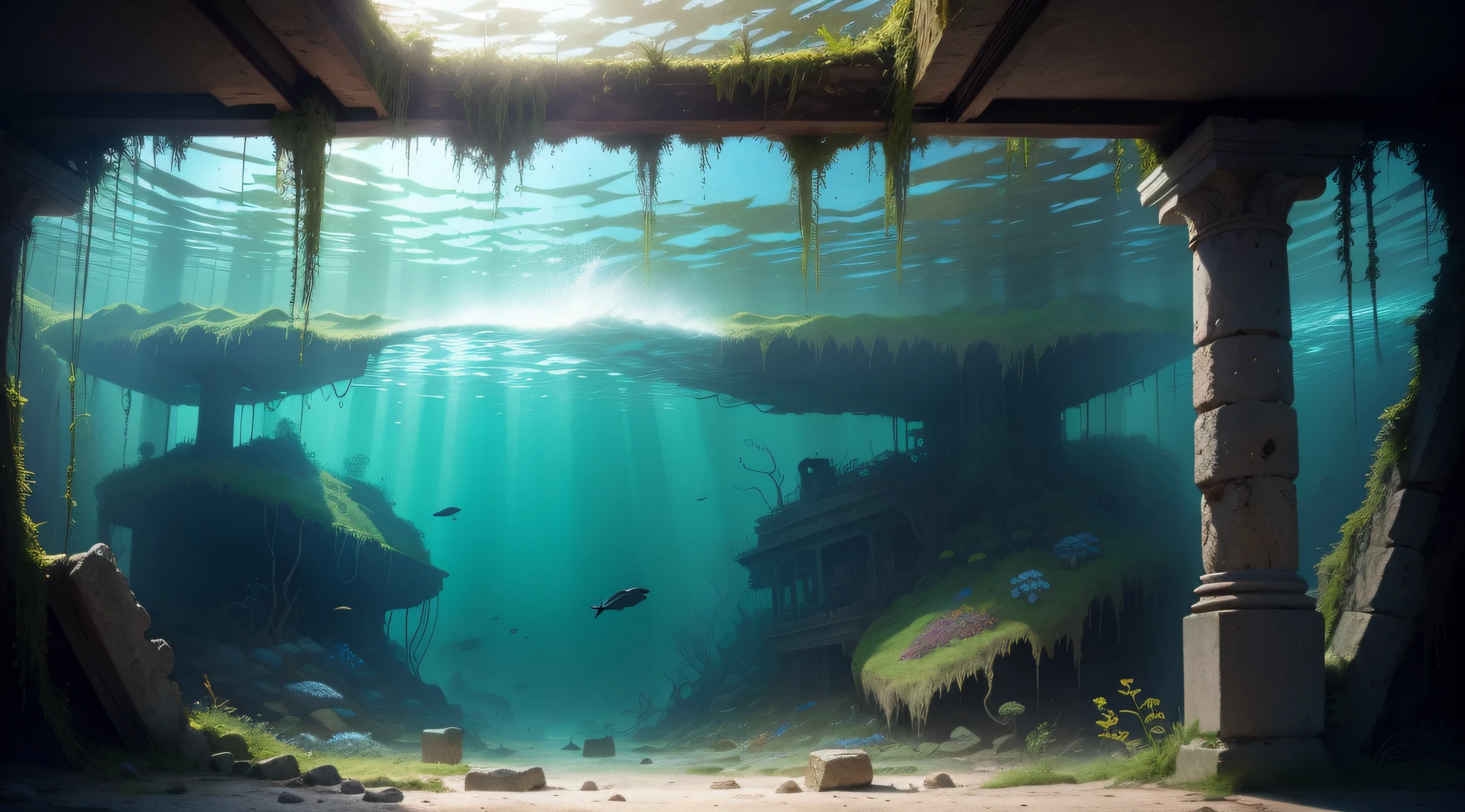 masterpiece, high resolution, background, view from inside ancient ruins sunk to the bottom of the sea, covered with seaweed and ivy, deep seabed as background, reef and coral,