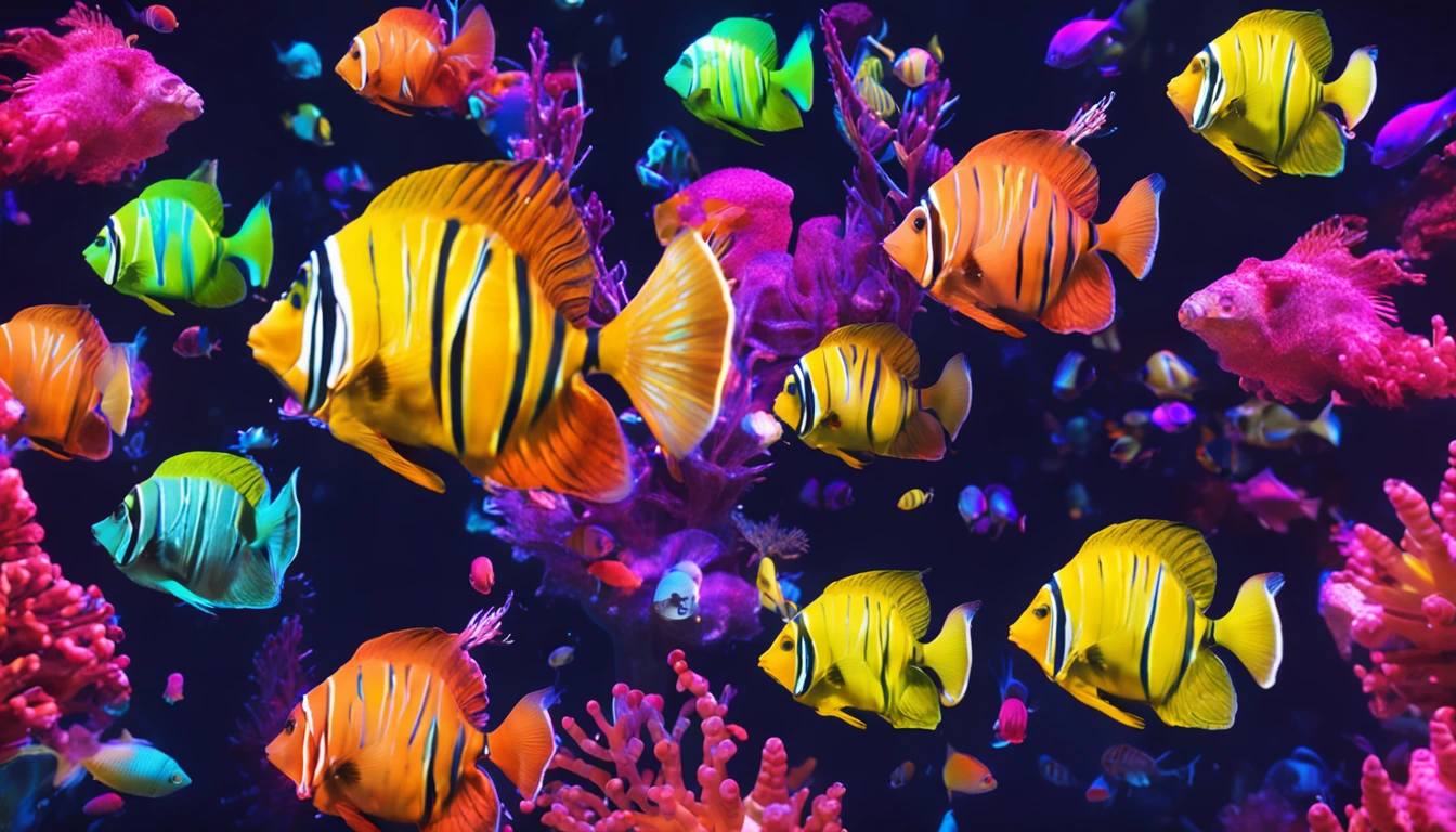 Ultra high quality, PC Wallpapers, aquariums, Psychedelic lighting, Tyndall Light, A variety of brightly colored aquarium fish, Small corals, Plants, sea shell, airbubble, high detail, Cubism, cinematic lighting, chiaroscuro, ray tracing, drop shadow, wide shot, super detail