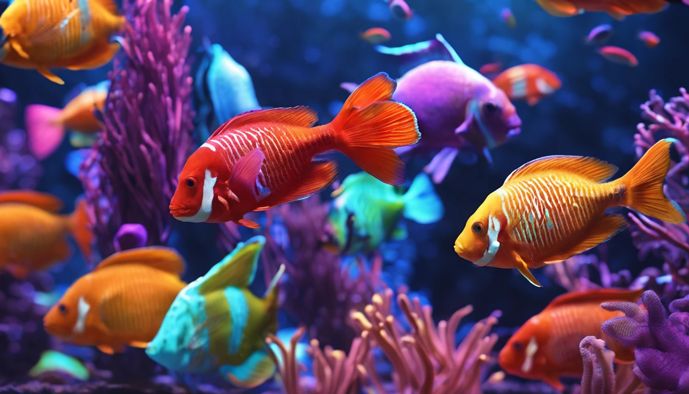 Ultra high quality, PC Wallpapers, aquariums, Psychedelic lighting, Tyndall Light, A variety of brightly colored aquarium fish, Small corals, Plants, sea shell, airbubble, high detail, Cubism, cinematic lighting, chiaroscuro, ray tracing, drop shadow, wide shot, super detail