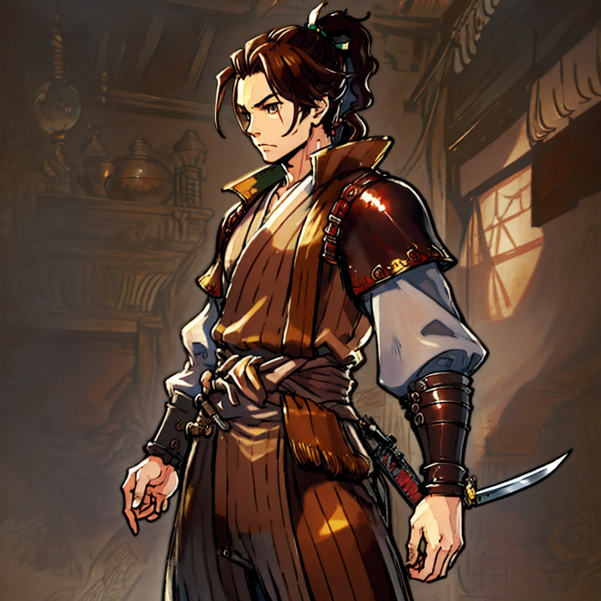 Game Art design, Octopath Traveler 2, 1boy, hikari ku, (solo:1.4), brown hair, ponytail, samurai warrior wearing a katana on his waist belt, japanese clothes with ornaments, yoroi, extremely detailed face and eyes, absurdes