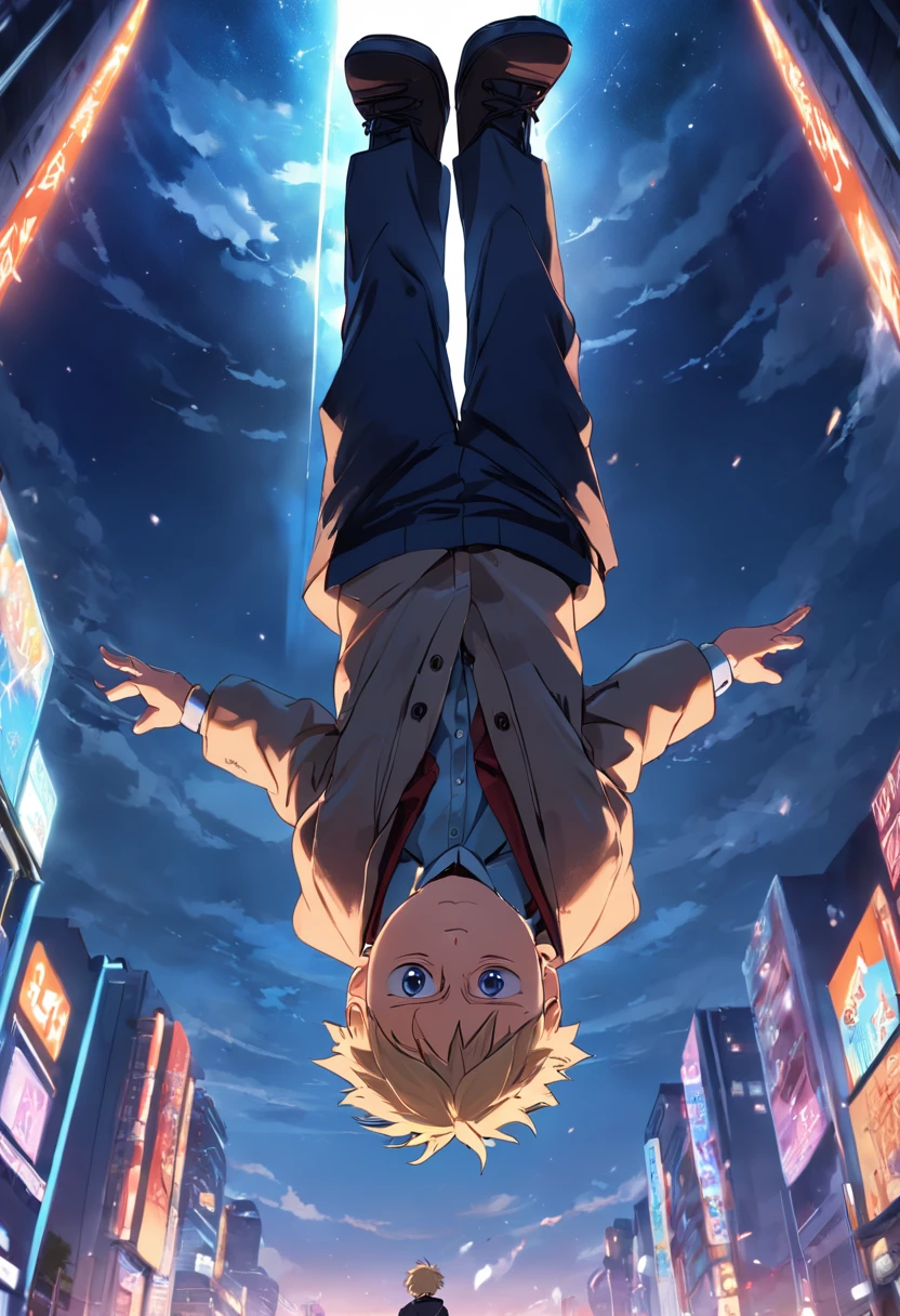 top-quality　a handsome　a high school boy　blazers　Upside down in the air　reaching out her hands　Falling in the sky