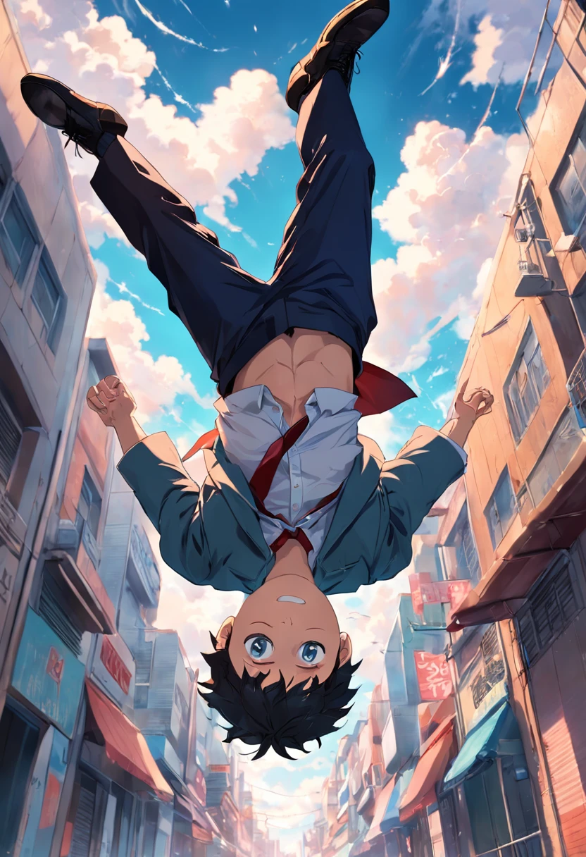 top-quality a handsome a high school boy blazers Upside down in the air reaching out her hands Falling in the sky