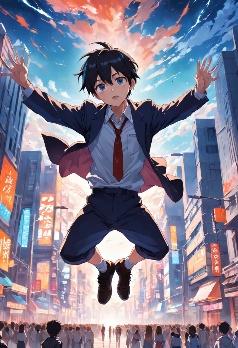 top-quality　a handsome　a high school boy　blazers　Upside down in the air　reaching out her hands　Falling in the sky
