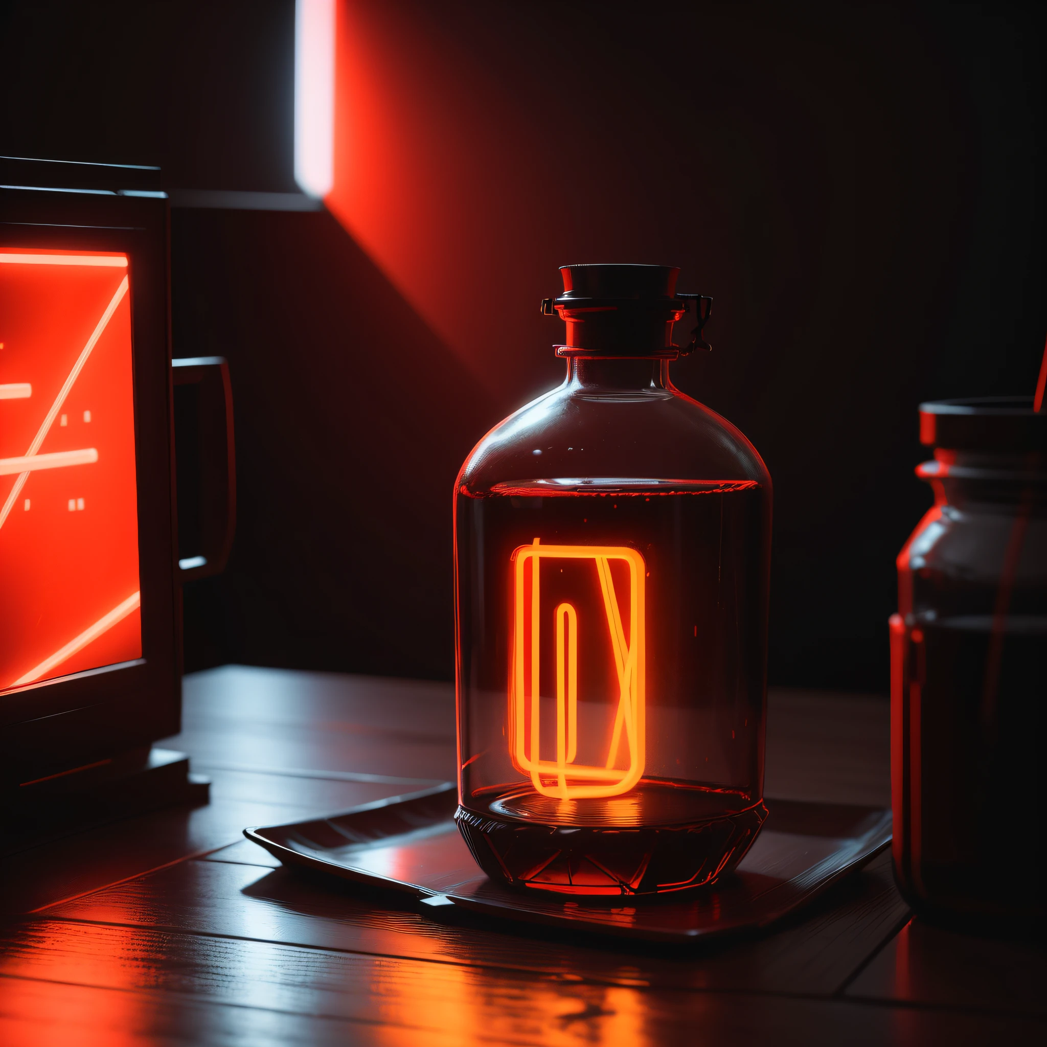 red neon in the bottle, Realistic, atmospheric refraction of light, Lee Jeffries Film Nikon D850 Stock Photo 4 Camera Kodak Portra 400 Lens F1.6 Rich Colors Hyper-Realistic Realistic Texture Dramatic Lighting Unreal Engine Trending on ArtStation Cinestill 800, Style-Glass
