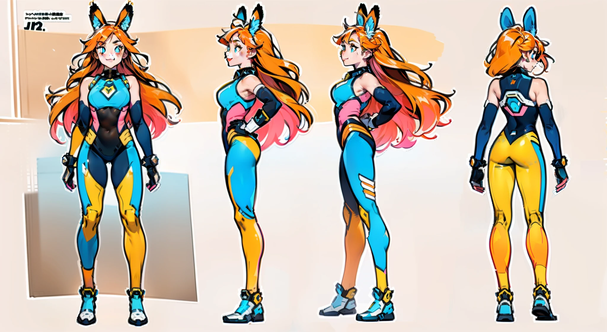 (masterpiece:1.2, best quality), 1woman, cute face, big eyes, round cubby cute face, smile, long legs, full body, adult mature female (spiky orange-pink hair, (orange-pink mullet 1.1)), (very long hair), blue eyes, (white/yellow pupil,) hero, sleeveless blue spandex bodysuit, long orange-pink rabbit ears, bodysuit ((masterpiece)), (((best quality))), (character design sheet, same character full body, front, side, back), Illustration, hair color, bangs, hair fax, eyes, environment change, pose kota, female, game design character sheet for 2d scrolling game, point and click adventure game character, full body, model sheet turnaround, full color, two thirds wiew, front::4 view and back view –v 4 –ar 3:2