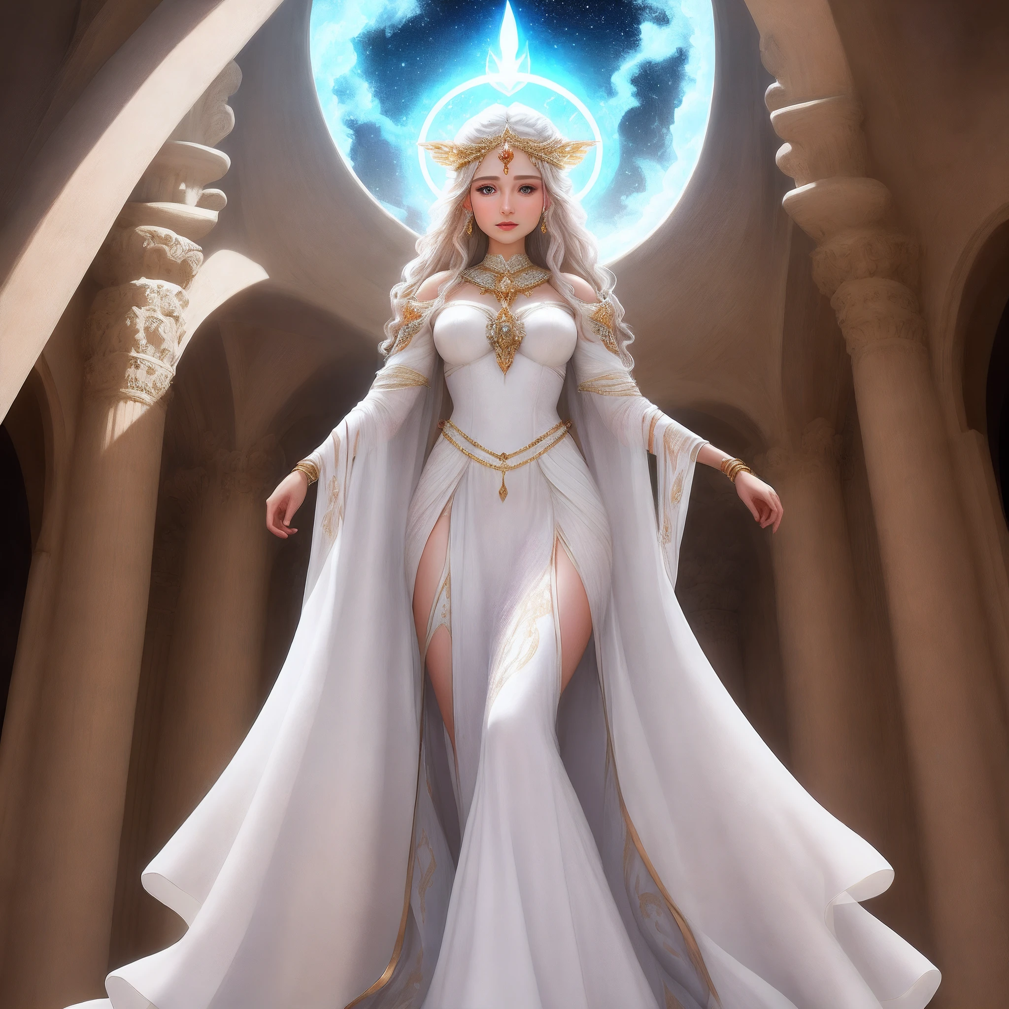 Theana, Light Goddess, Celestial, White Gown, Gem on forehead, On a giant entrance