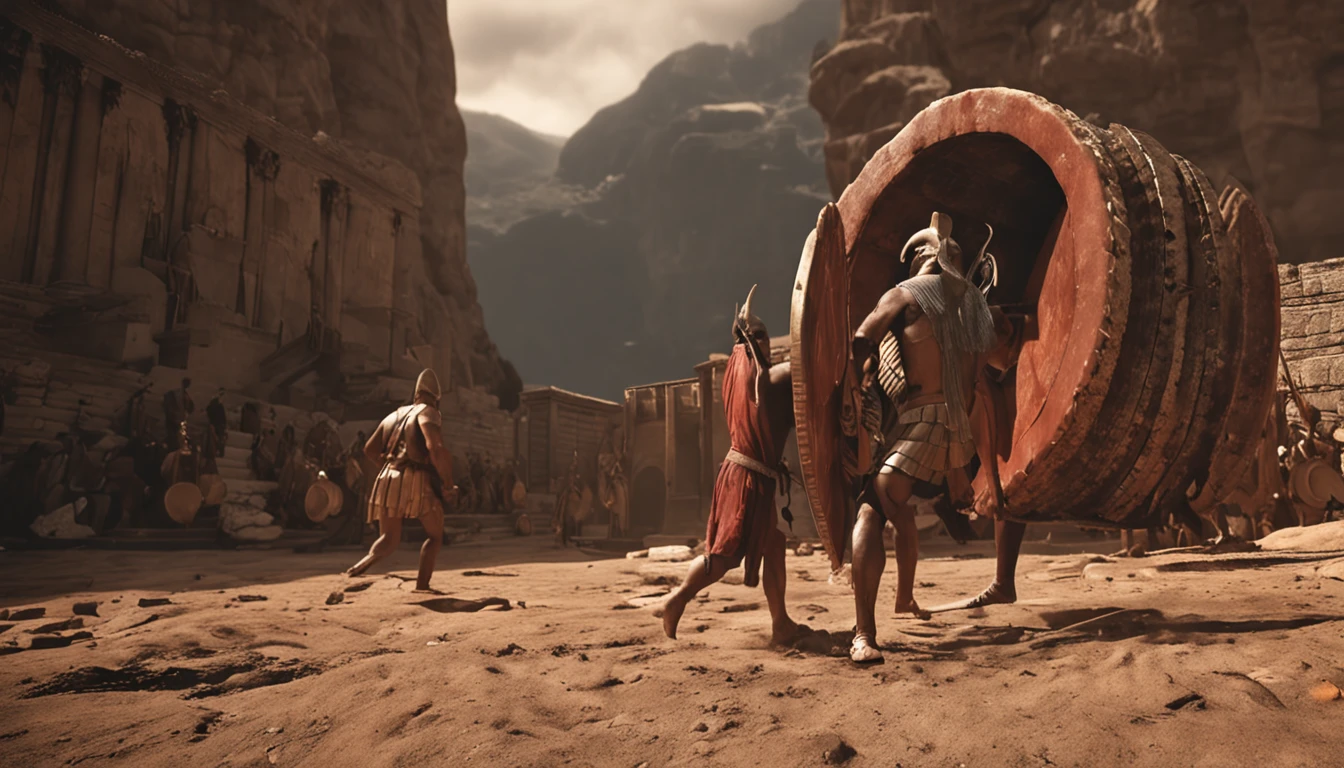 Leonidas, fundo grecia antiga em meio a guerra, tranmita in the image strength and power.