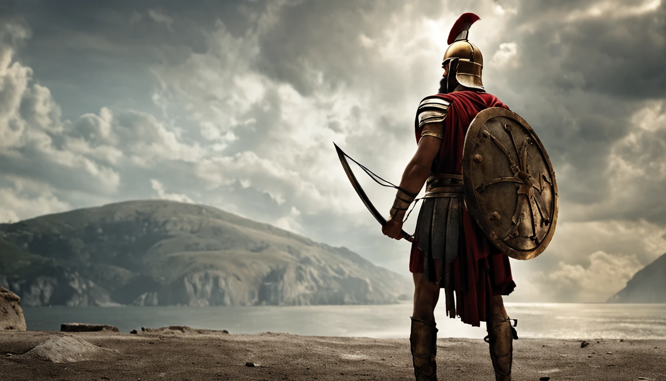 Leonidas, fundo grecia antiga em meio a guerra, tranmita in the image strength and power.