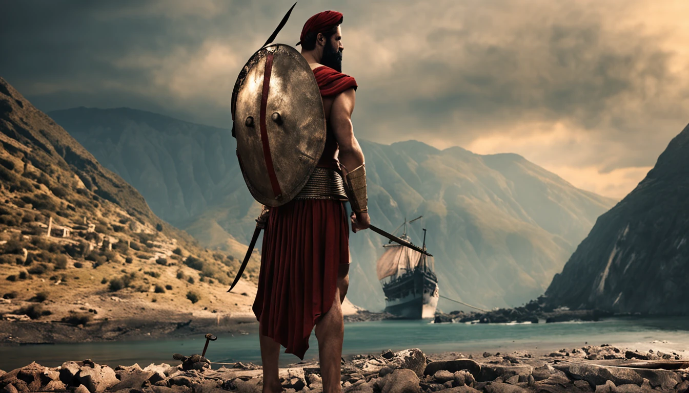 Leonidas, fundo grecia antiga em meio a guerra, tranmita in the image strength and power.