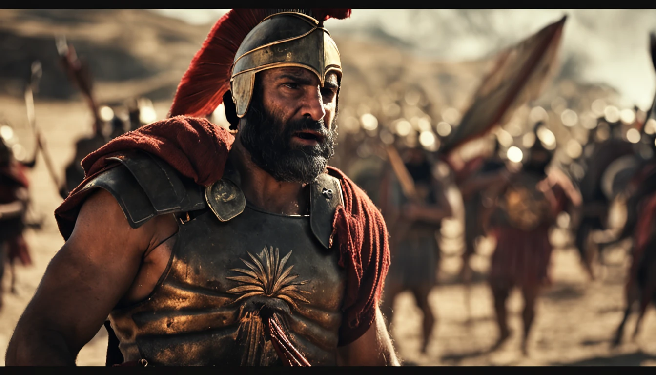 Leonidas, fundo grecia antiga em meio a guerra, tranmita in the image strength and power.