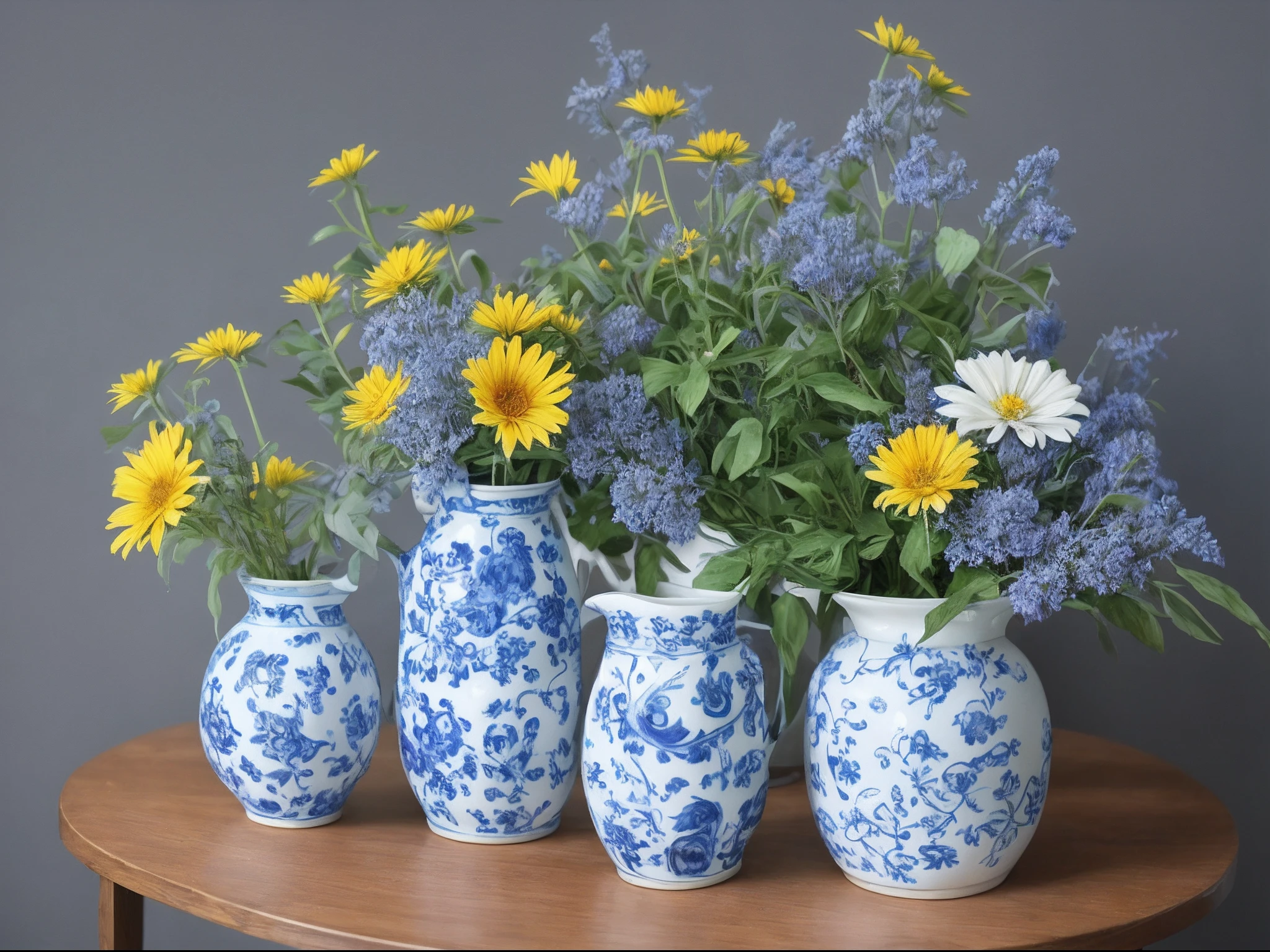 still life, wild flowers in blue and white and yellow, vintage white conical chipped ceramic vase, on a wooden table,