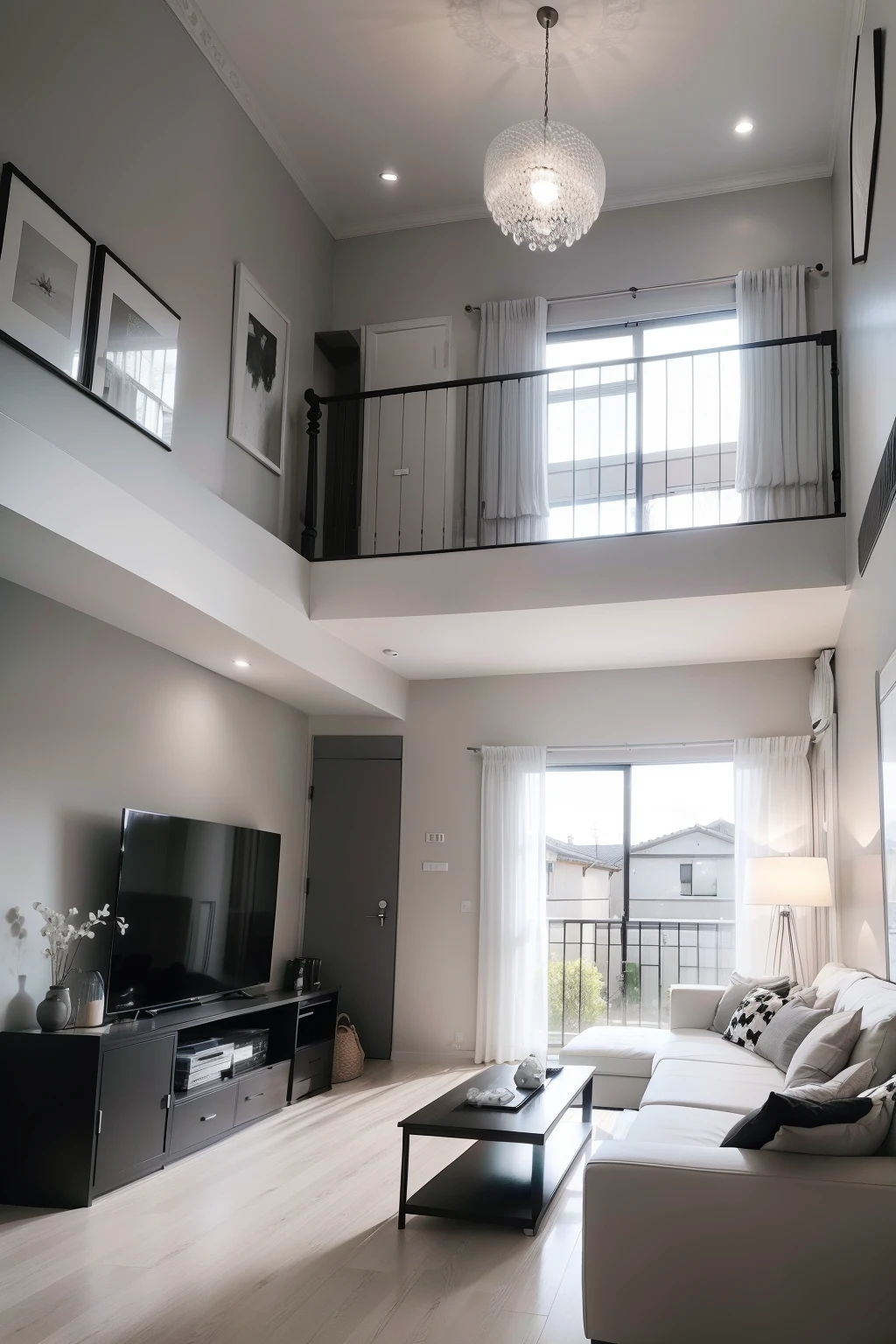 Classic black-white-grey horizontal hall living room